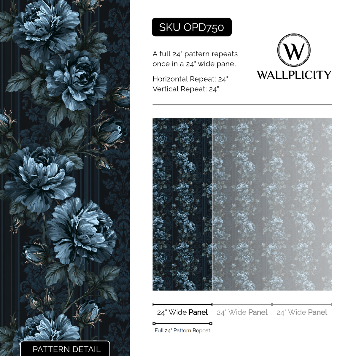 Midnight Rose wallpaper pattern detail and repeat size