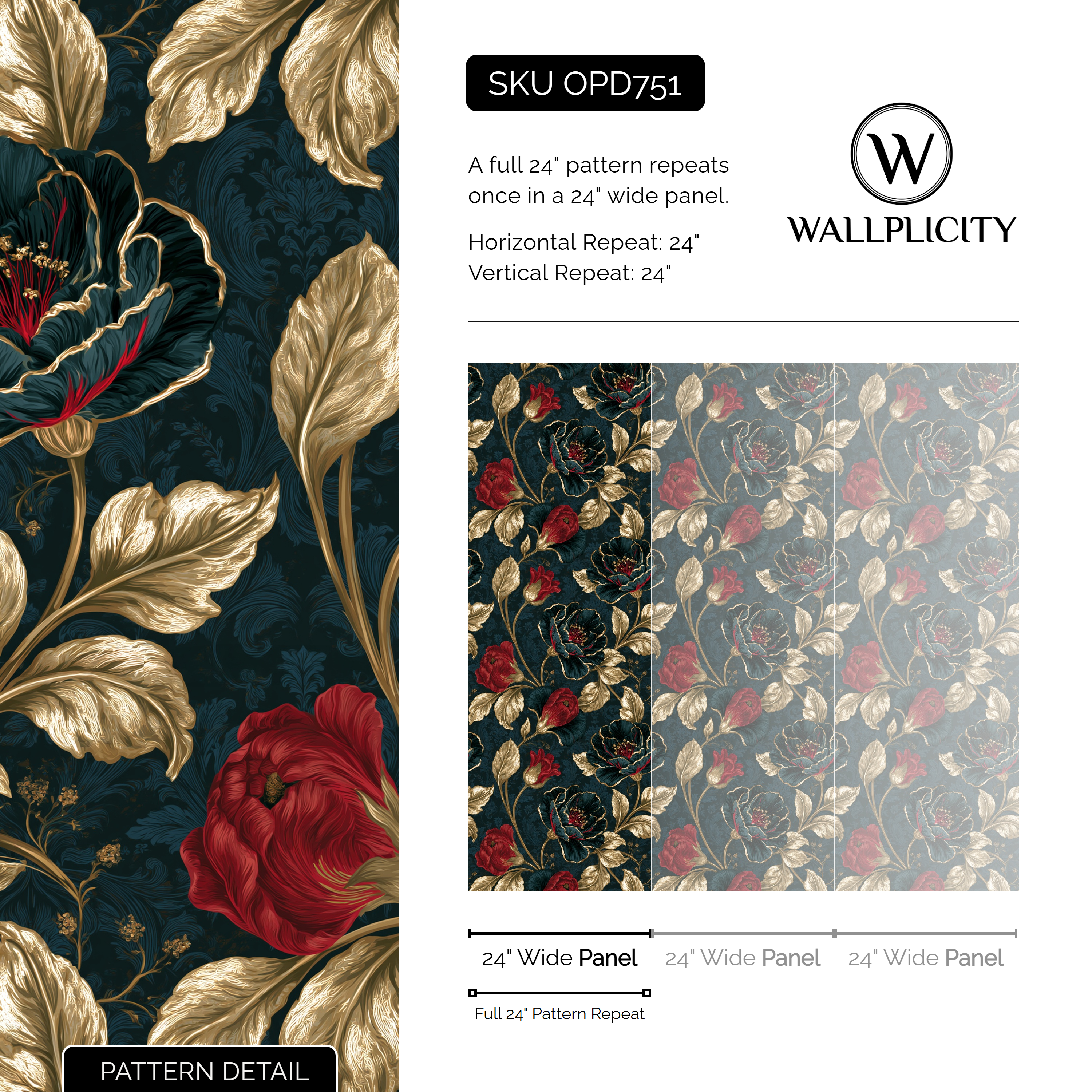 Gilded Poppy wallpaper pattern detail and repeat size