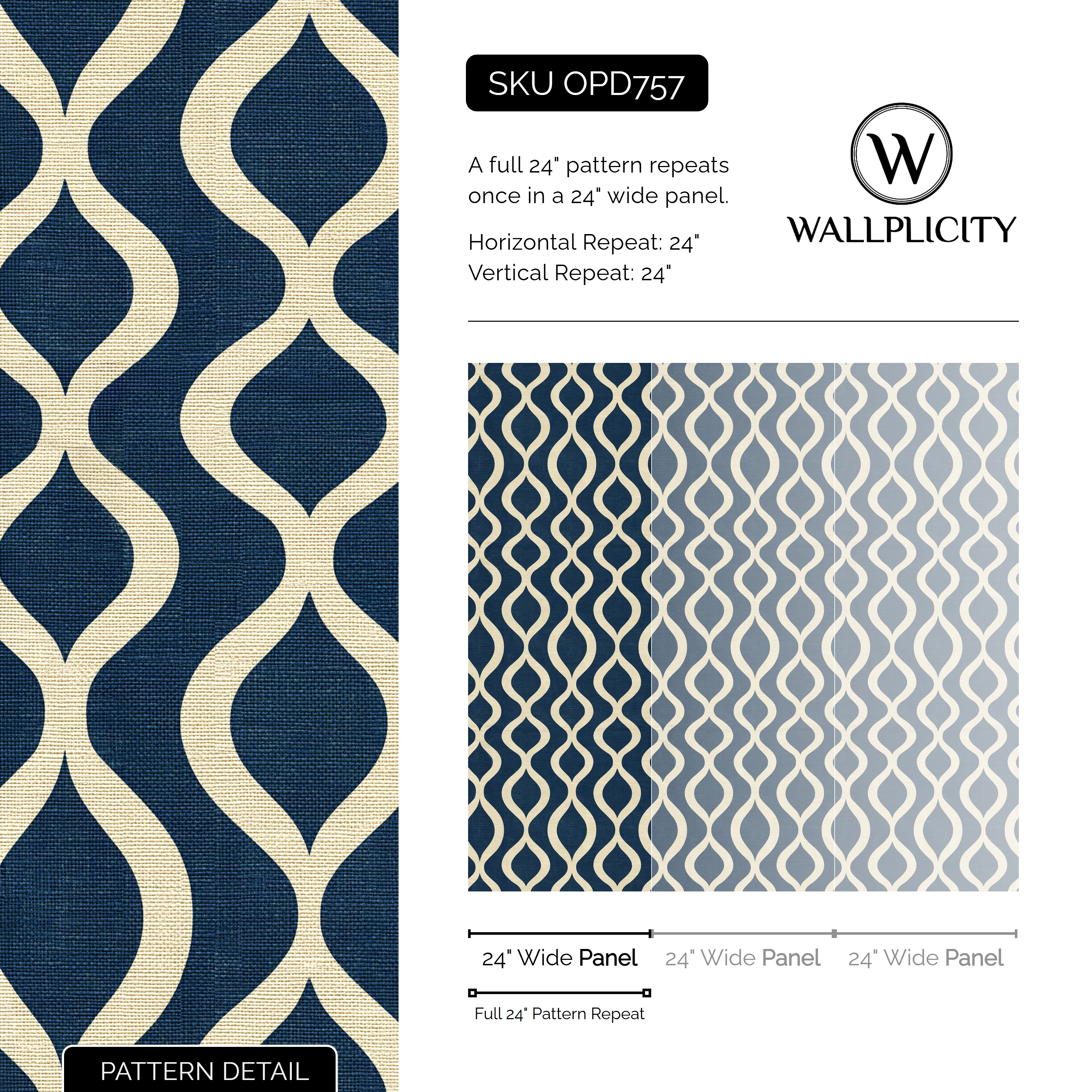 Navy Pendulum wallpaper pattern detail and repeat size