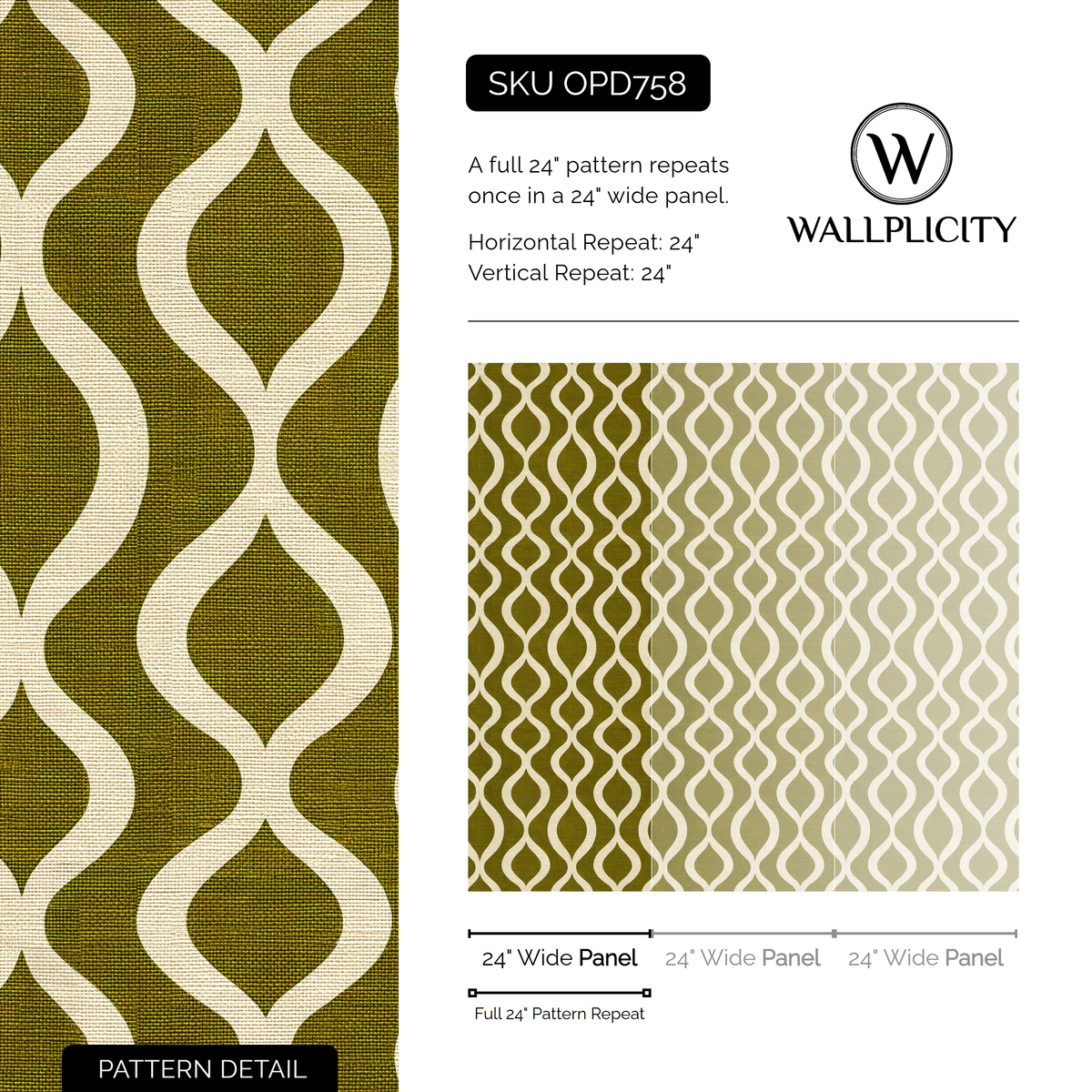 Olive Pendulum wallpaper pattern detail and repeat size