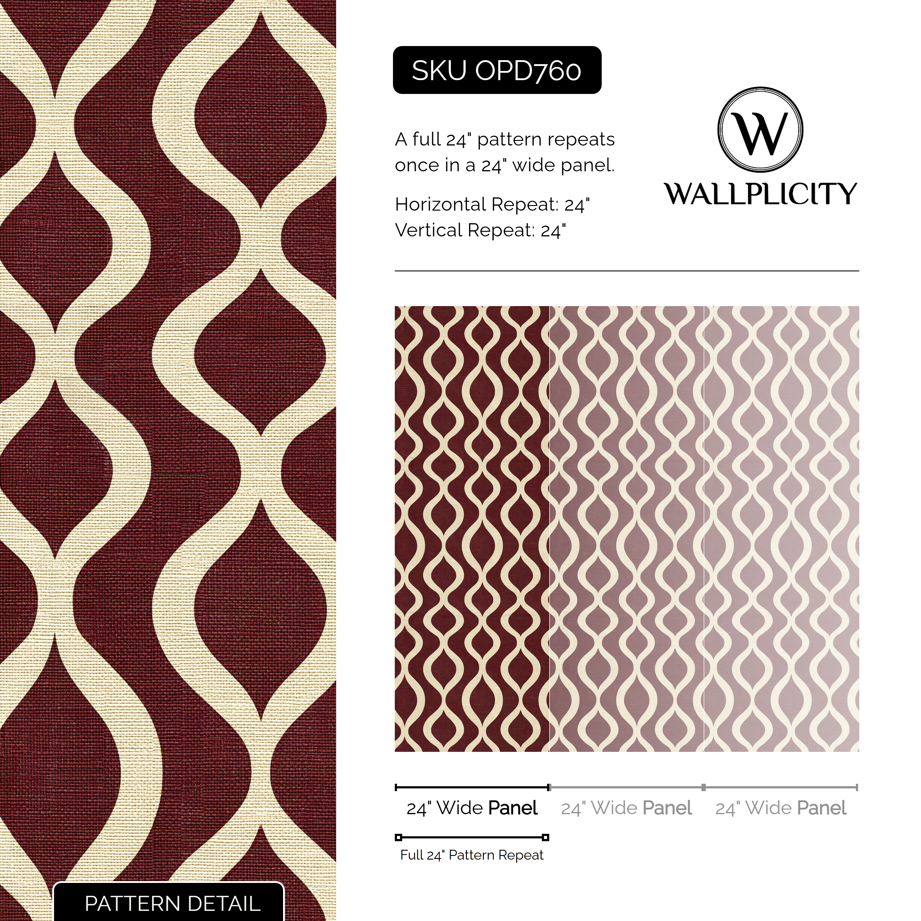 Claret Pendulum wallpaper pattern detail and repeat size