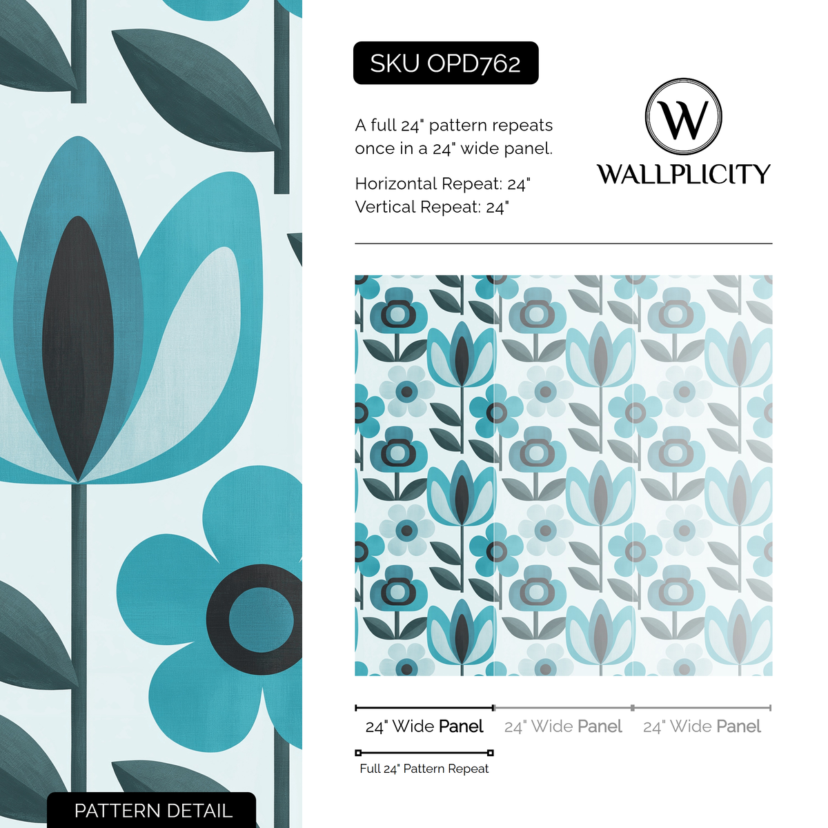 Aqua Daisy wallpaper pattern detail and repeat size