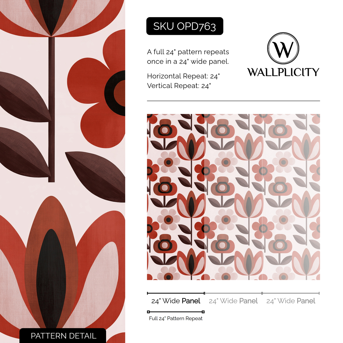 Scarlet Daisy wallpaper pattern detail and repeat size