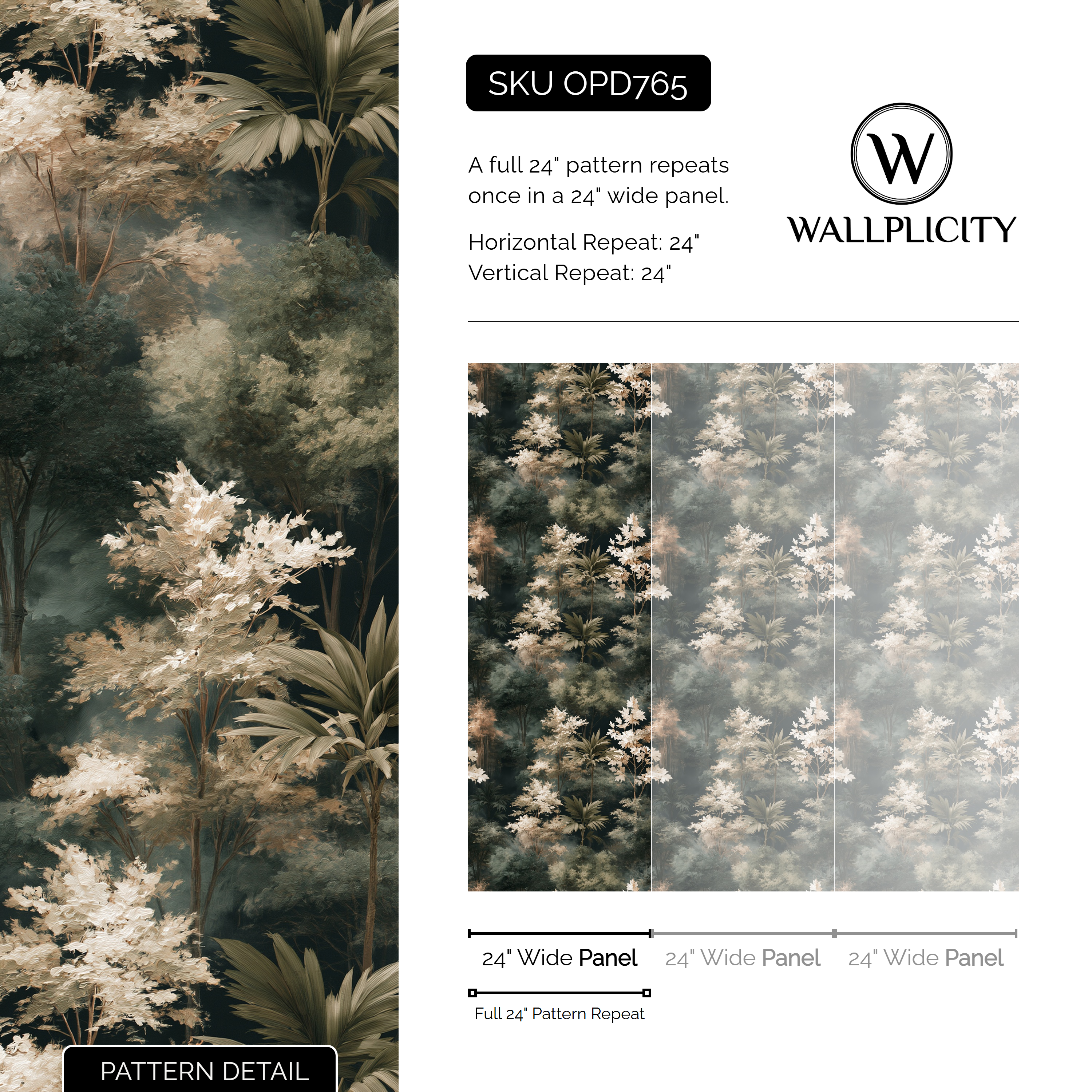 Misted Grove wallpaper pattern detail and repeat size