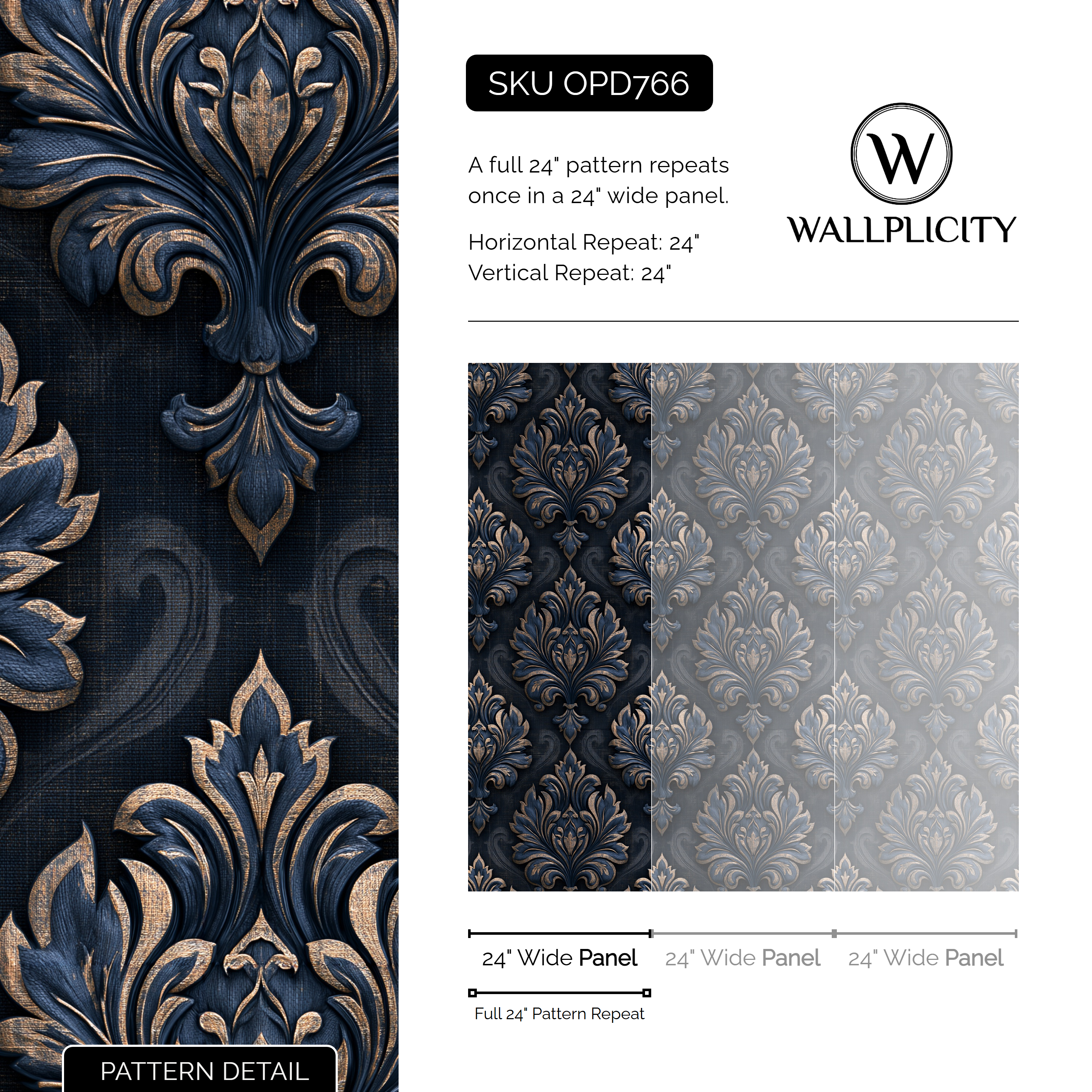 Sapphire Damask wallpaper pattern detail and repeat size