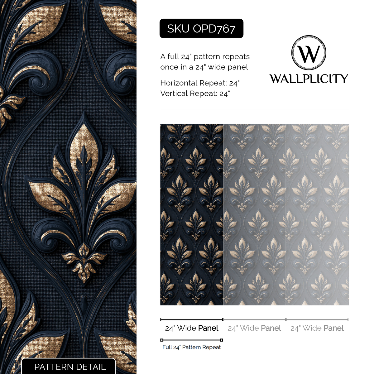 Sapphire Fleur wallpaper pattern detail and repeat size