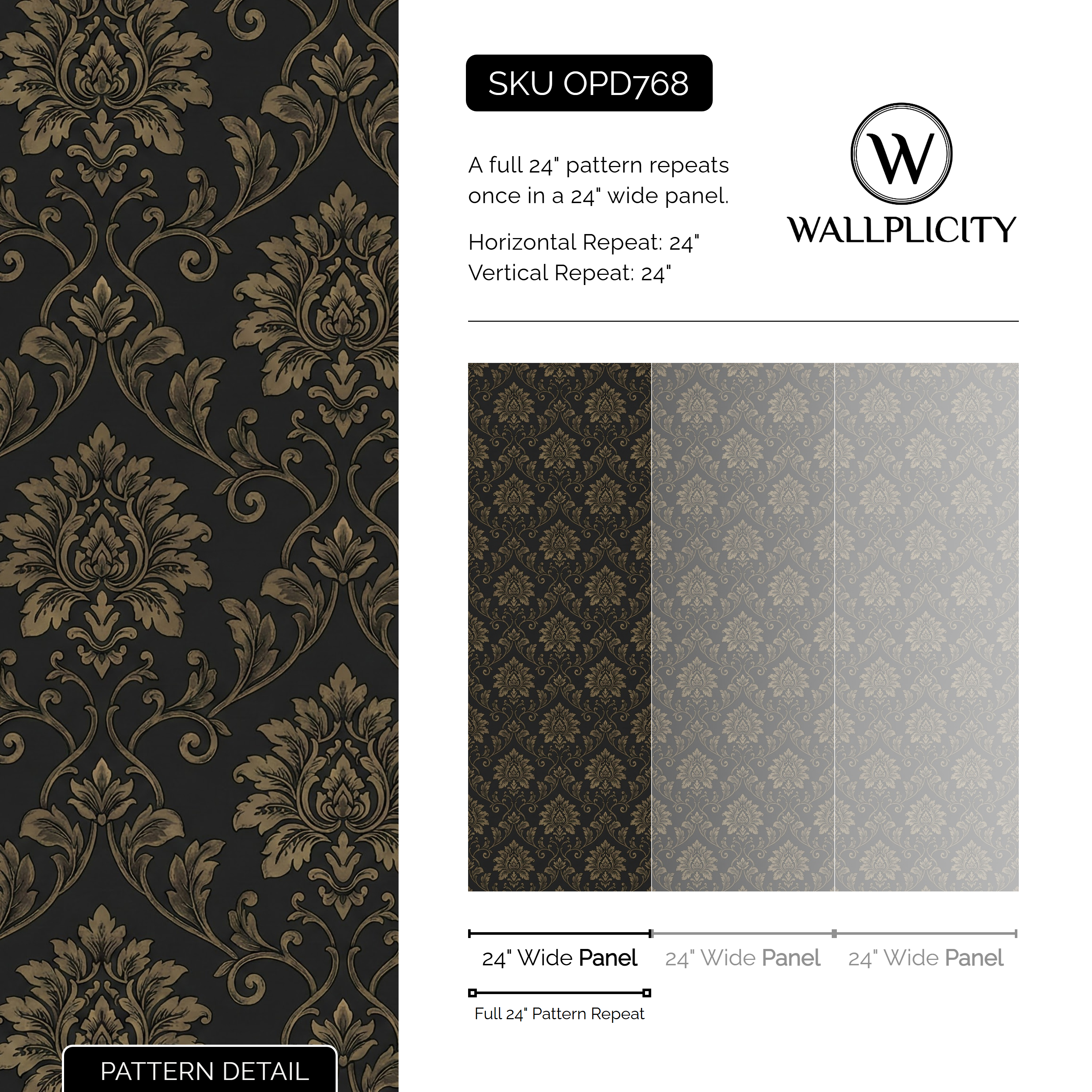 Bronze Damask wallpaper pattern detail and repeat size