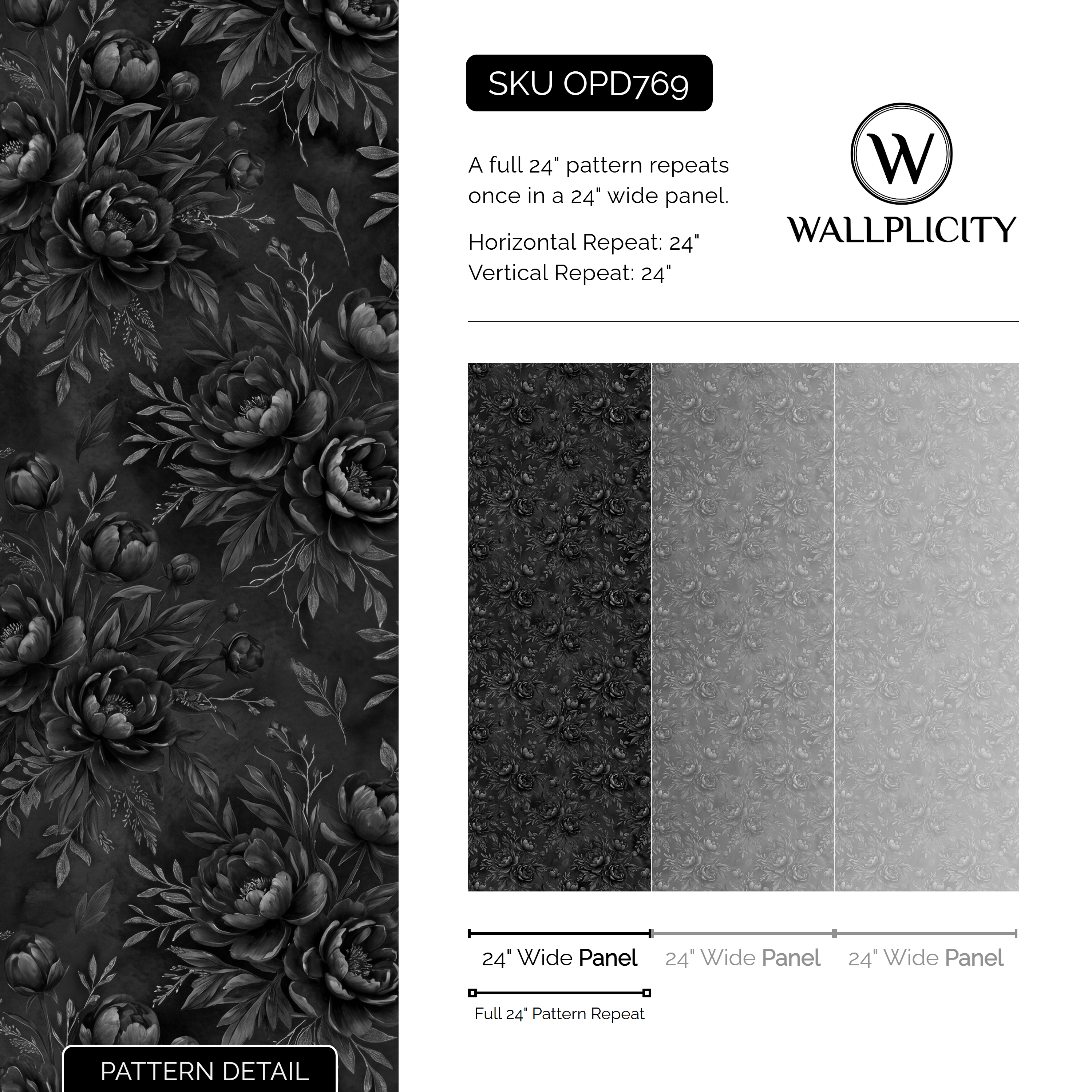 Ink Rose Relief wallpaper pattern detail and repeat size