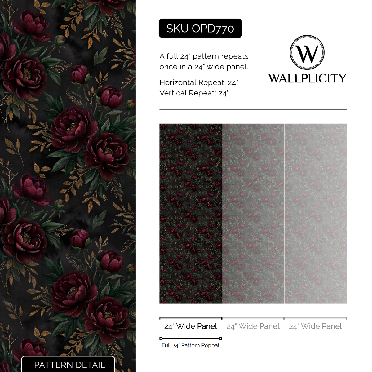 Garnet Peony wallpaper pattern detail and repeat size