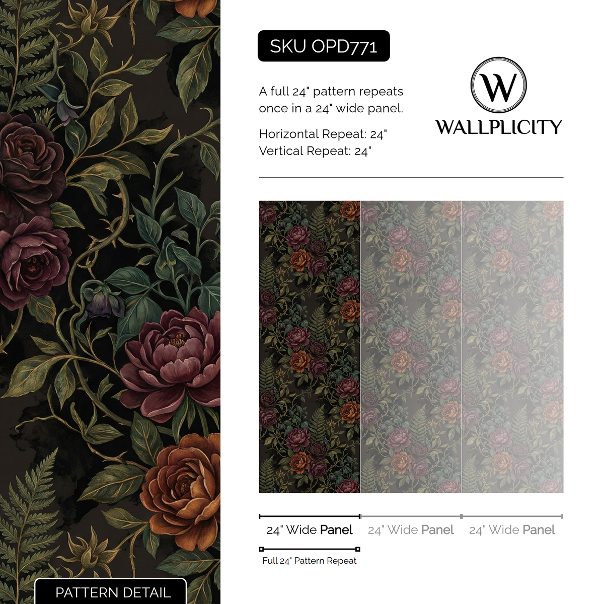 Ember Rose Fern wallpaper pattern detail and repeat size