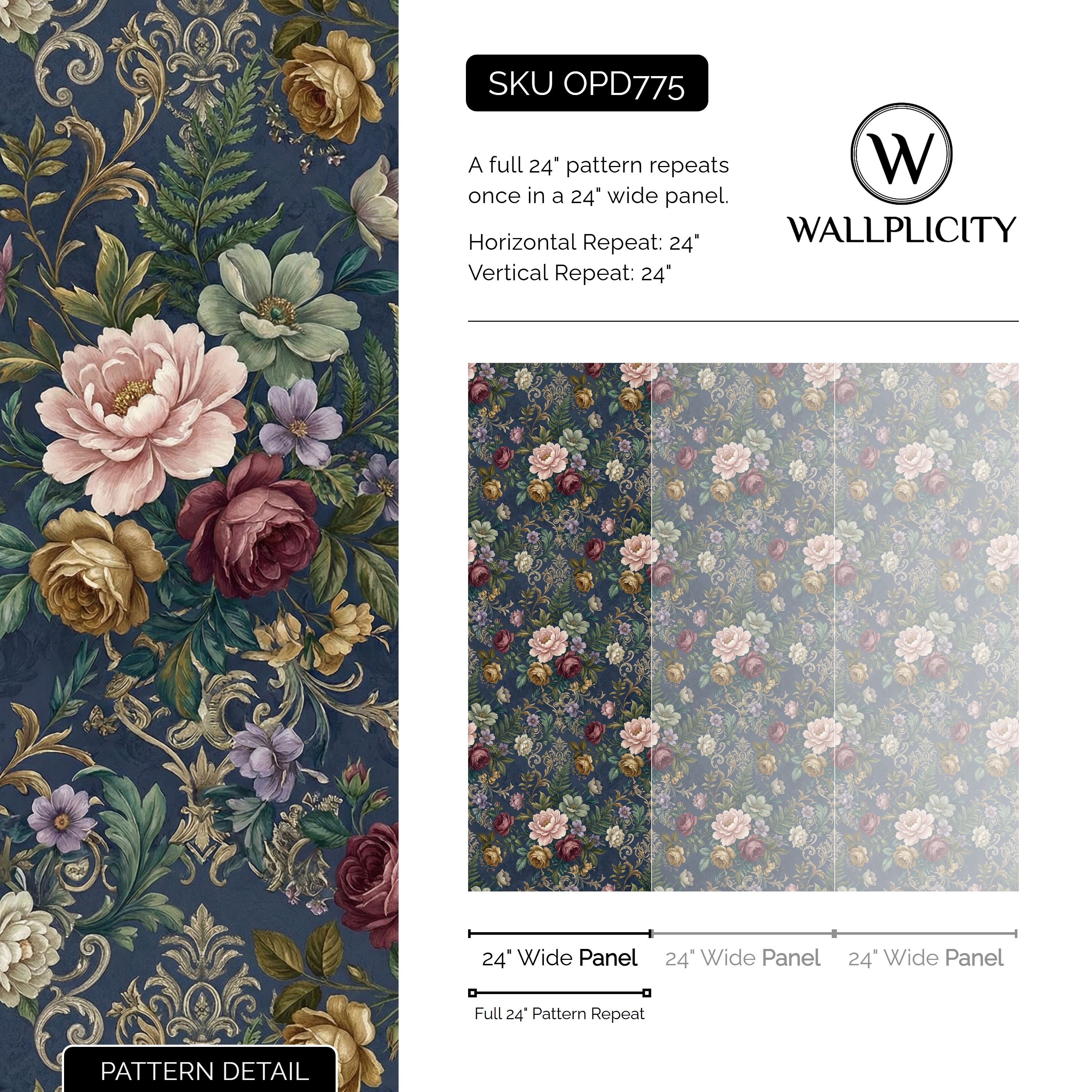 Indigo Chintz wallpaper pattern detail and repeat size