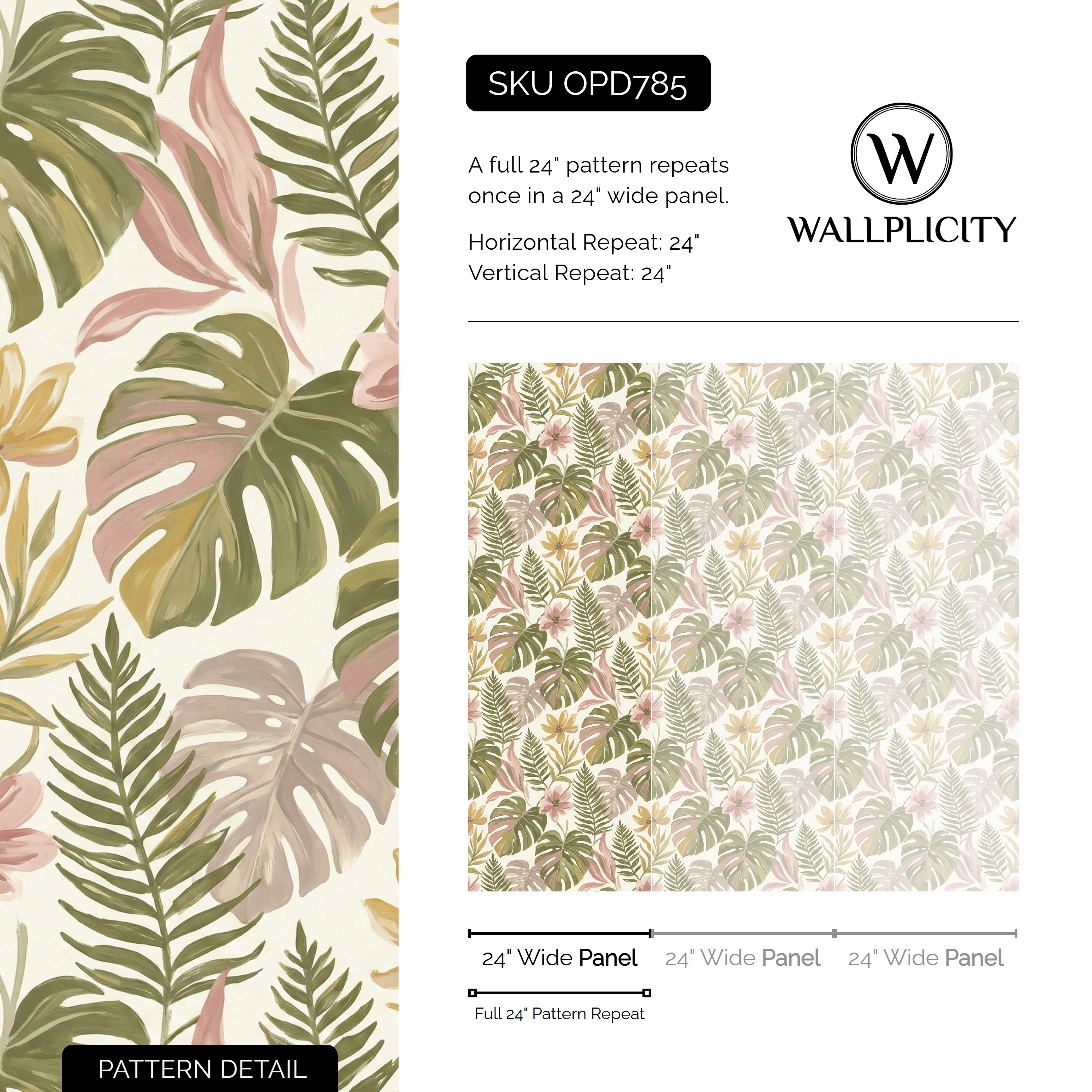 Fernwood Blush wallpaper pattern detail and repeat size