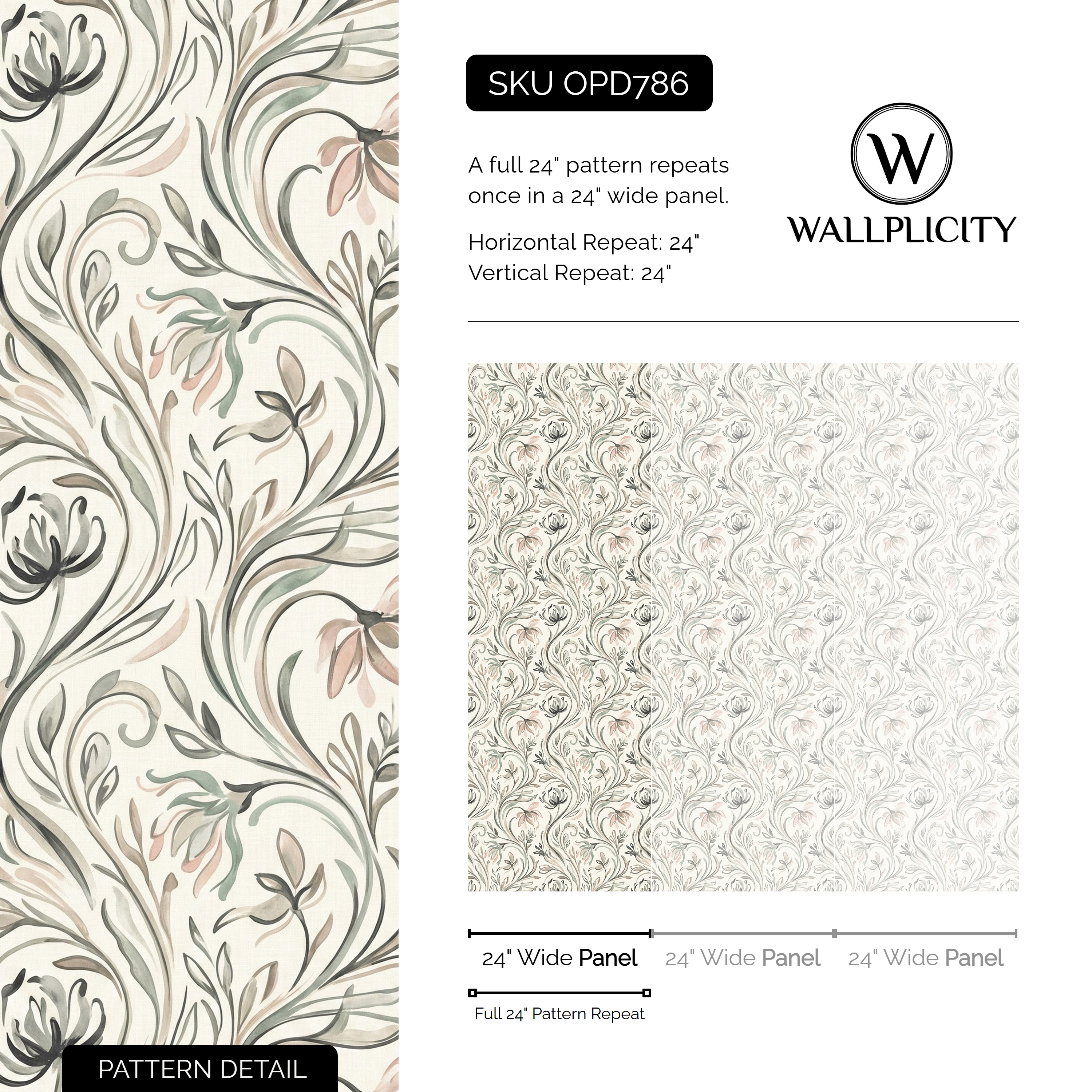 Pencil Botanical wallpaper pattern detail and repeat size
