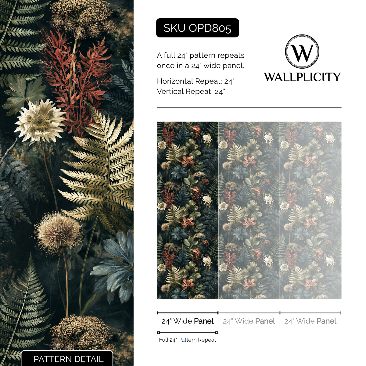 Moonlit Fernery wallpaper pattern detail and repeat size