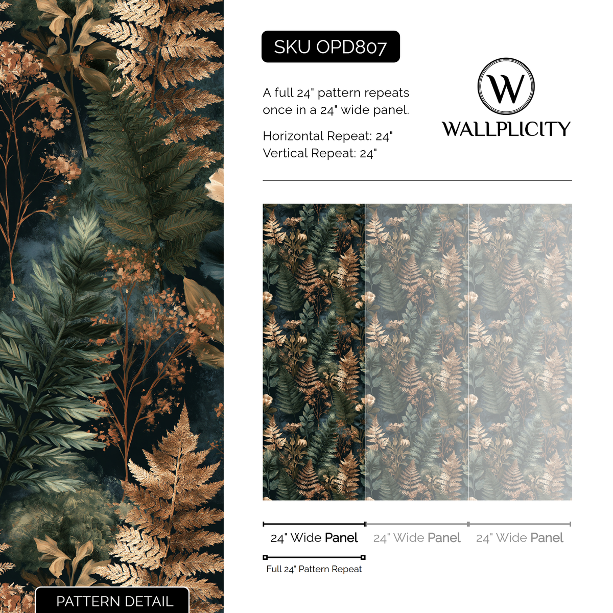 Golden Fernery wallpaper pattern detail and repeat size