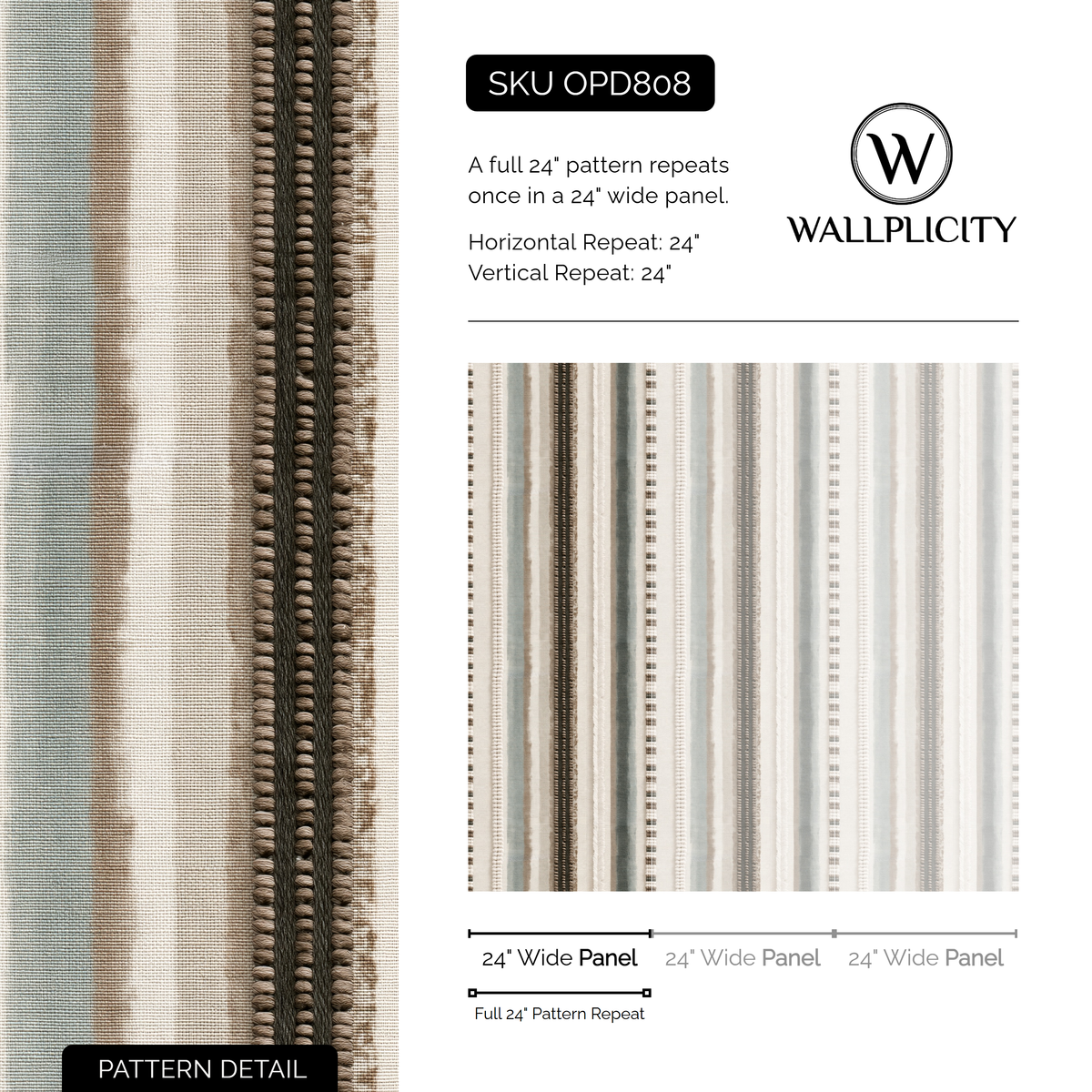 Sage Ticking wallpaper pattern detail and repeat size