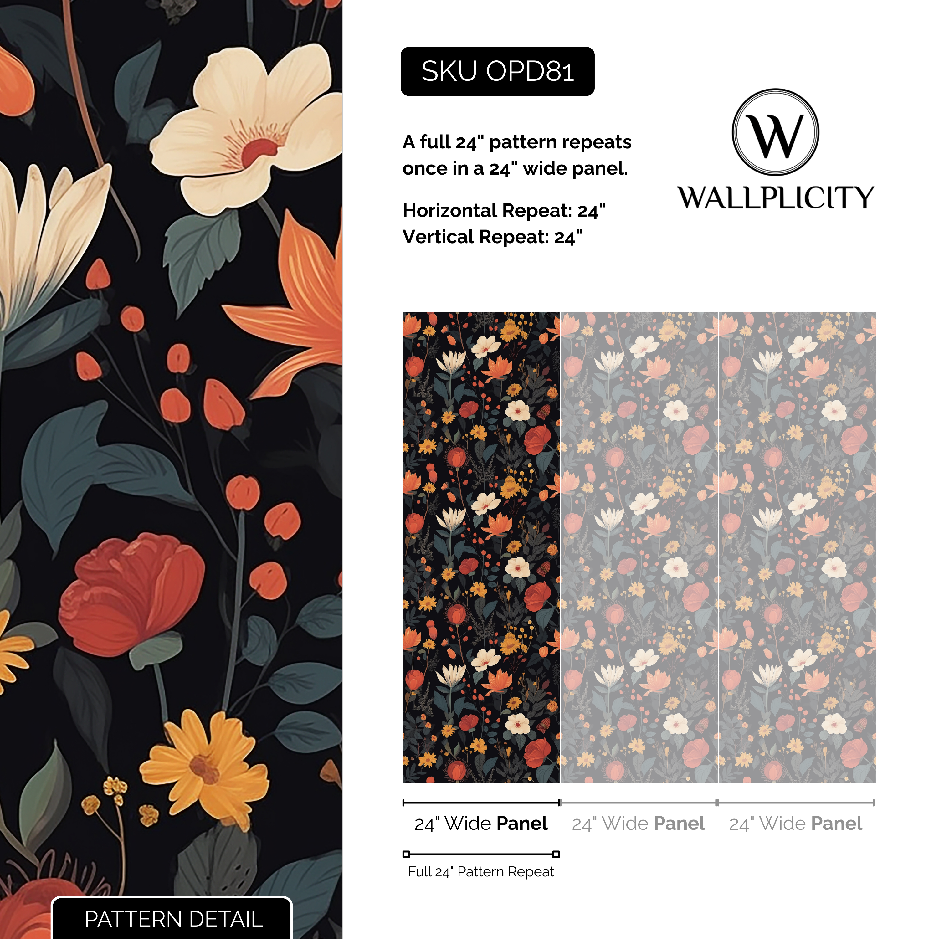 Midnight Bouquet wallpaper pattern detail and repeat size