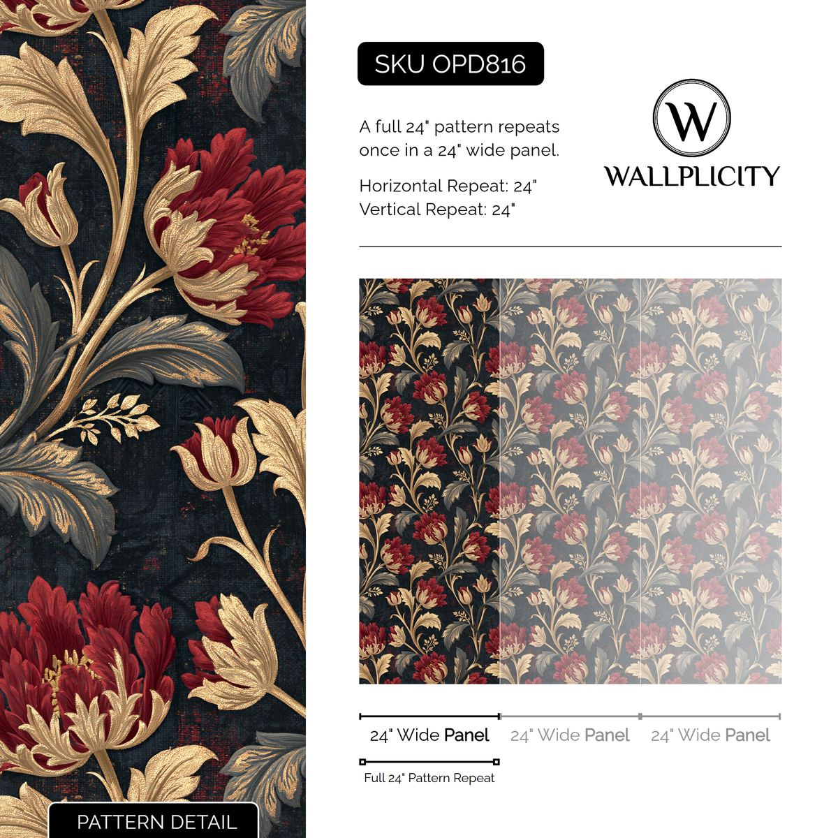 Crimson Abbey wallpaper pattern detail and repeat size