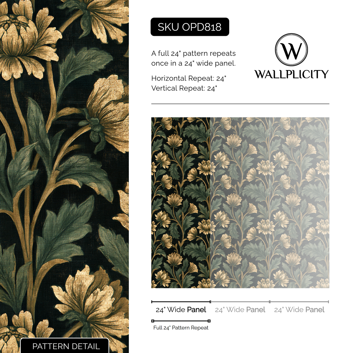 Chapel Green wallpaper pattern detail and repeat size
