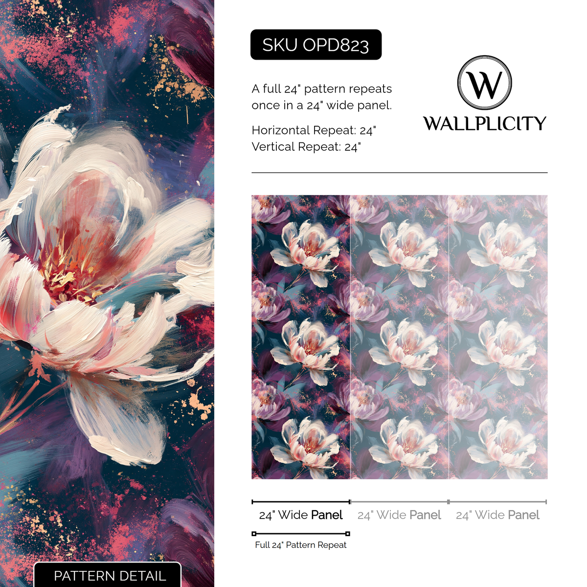 Nightfall Peony wallpaper pattern detail and repeat size