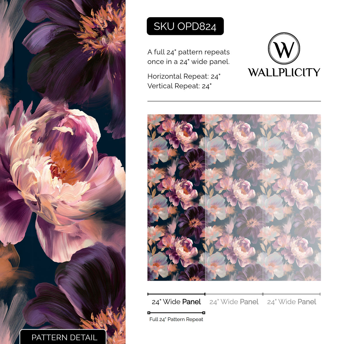 Violet Peony wallpaper pattern detail and repeat size