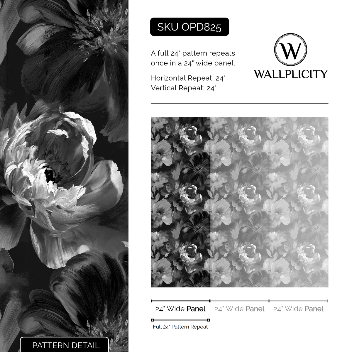 Ink Peony wallpaper pattern detail and repeat size