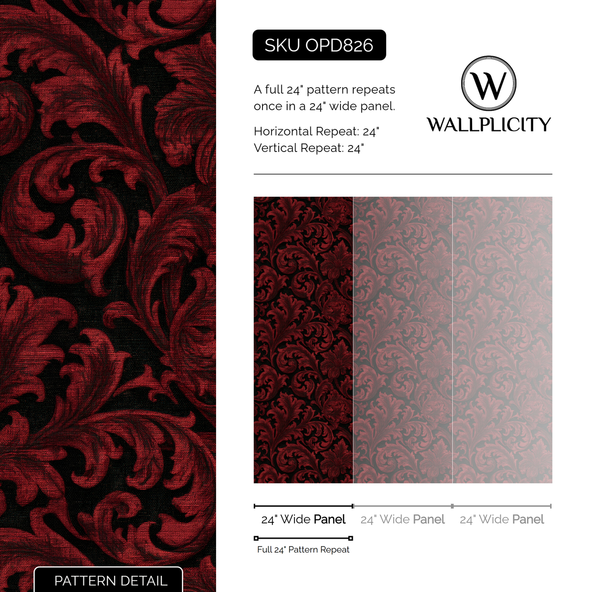Claret Acanthus wallpaper pattern detail and repeat size