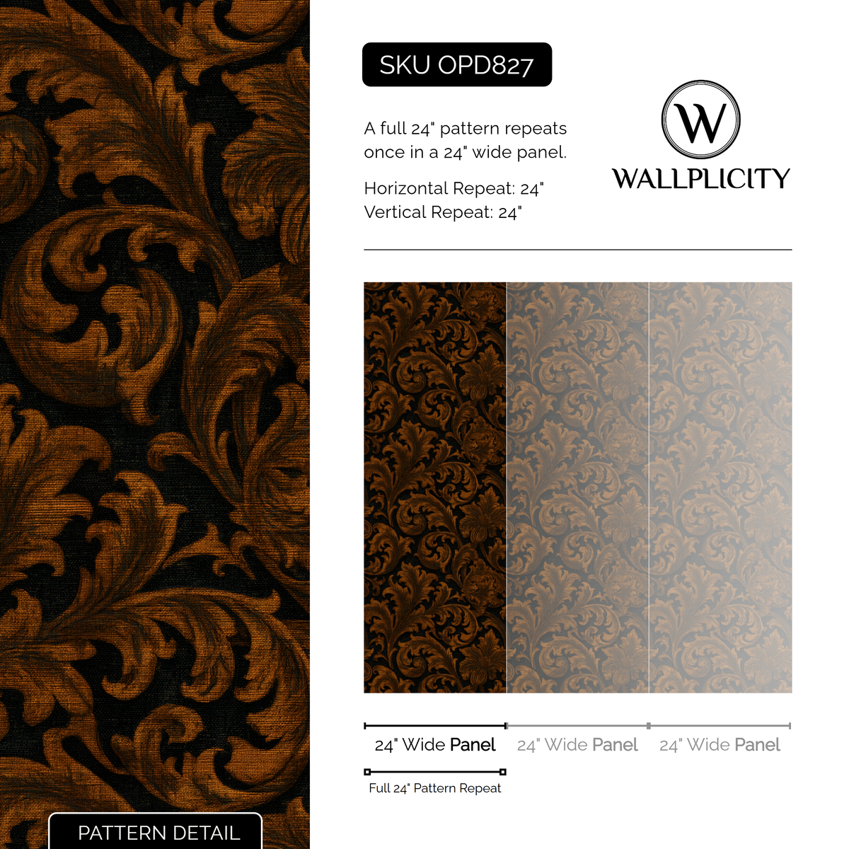 Amber Acanthus wallpaper pattern detail and repeat size