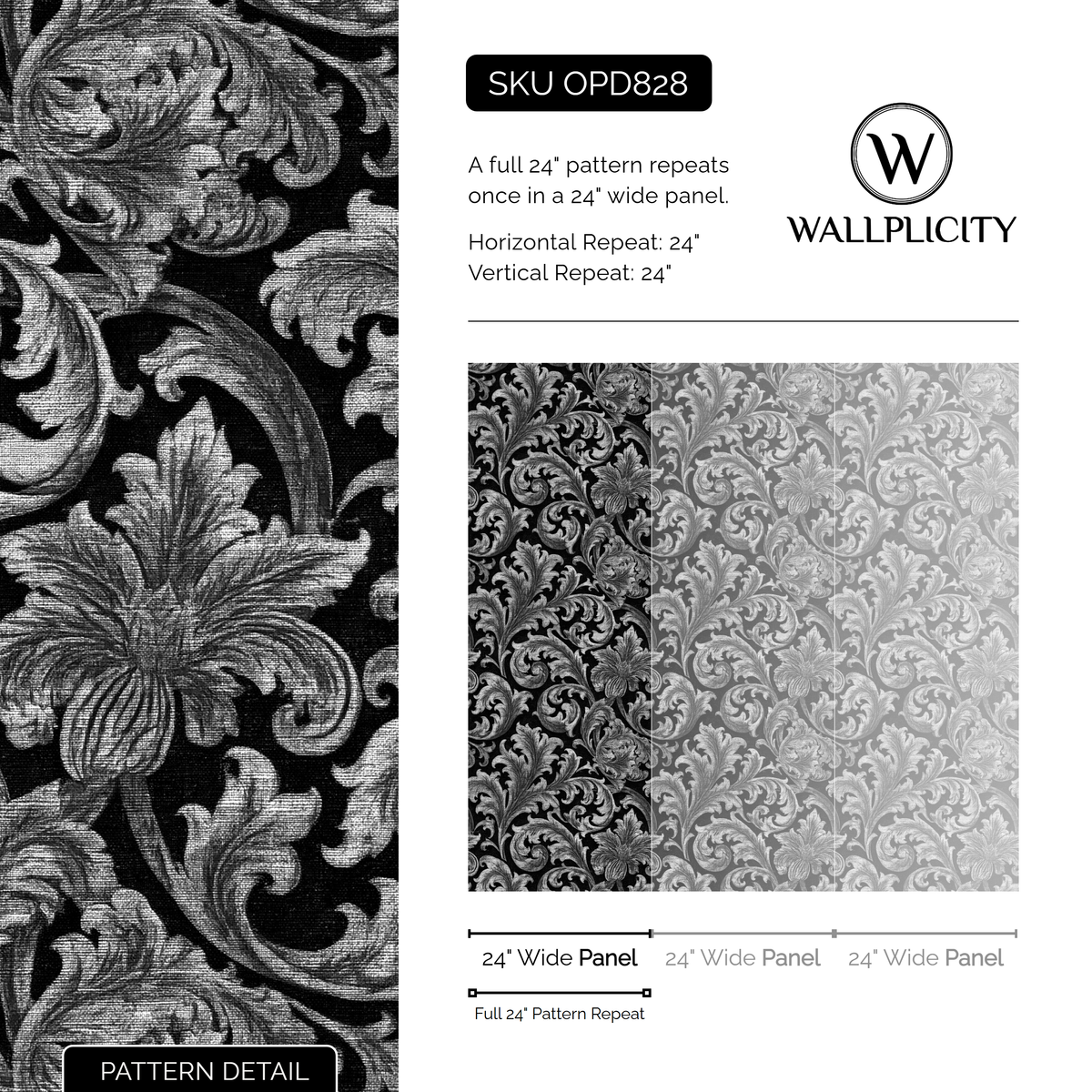 Silver Acanthus wallpaper pattern detail and repeat size