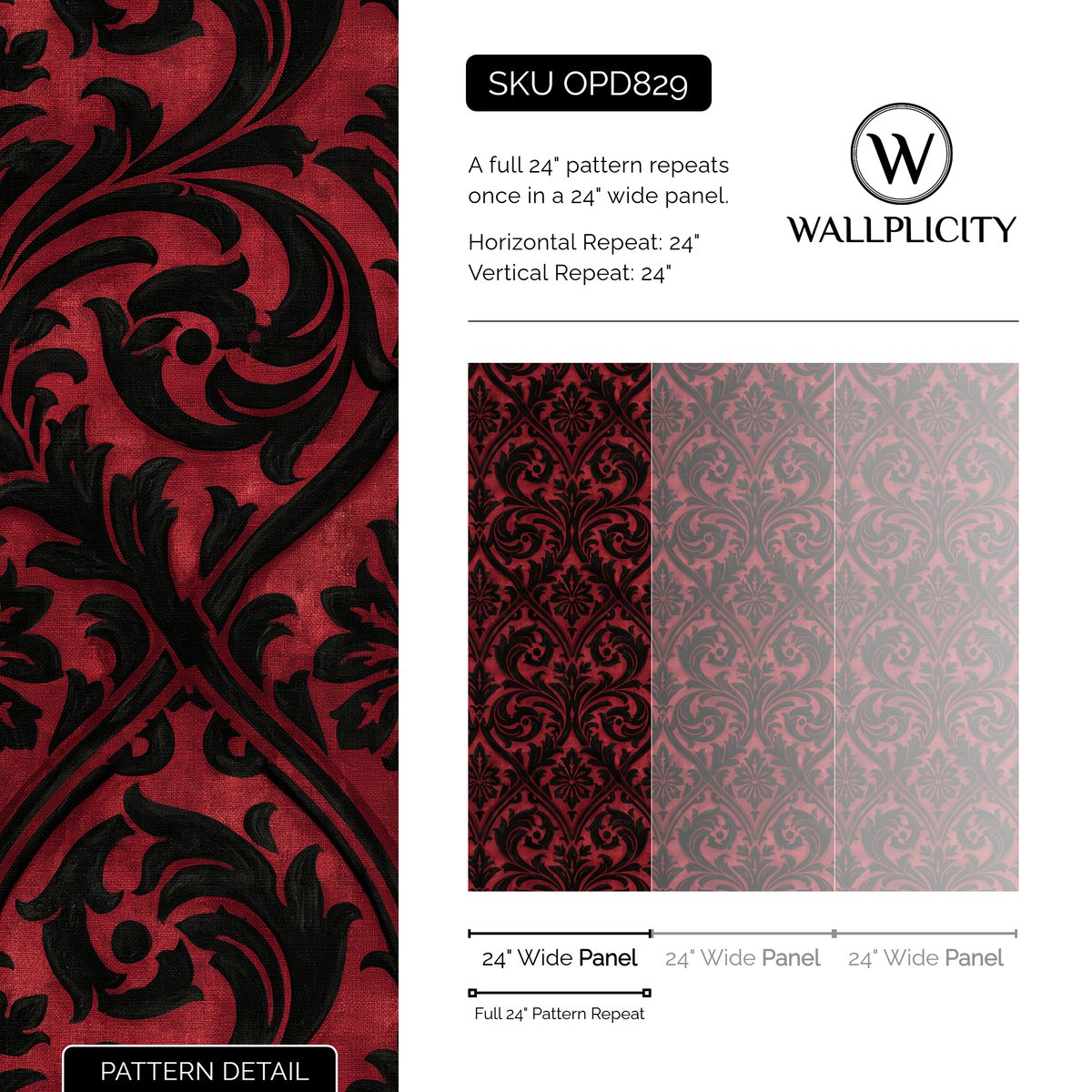 Ruby Silhouette wallpaper pattern detail and repeat size