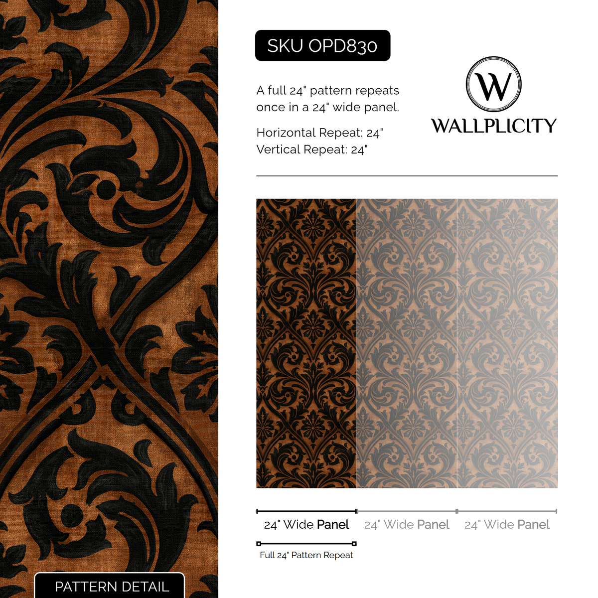 Amber Silhouette wallpaper pattern detail and repeat size