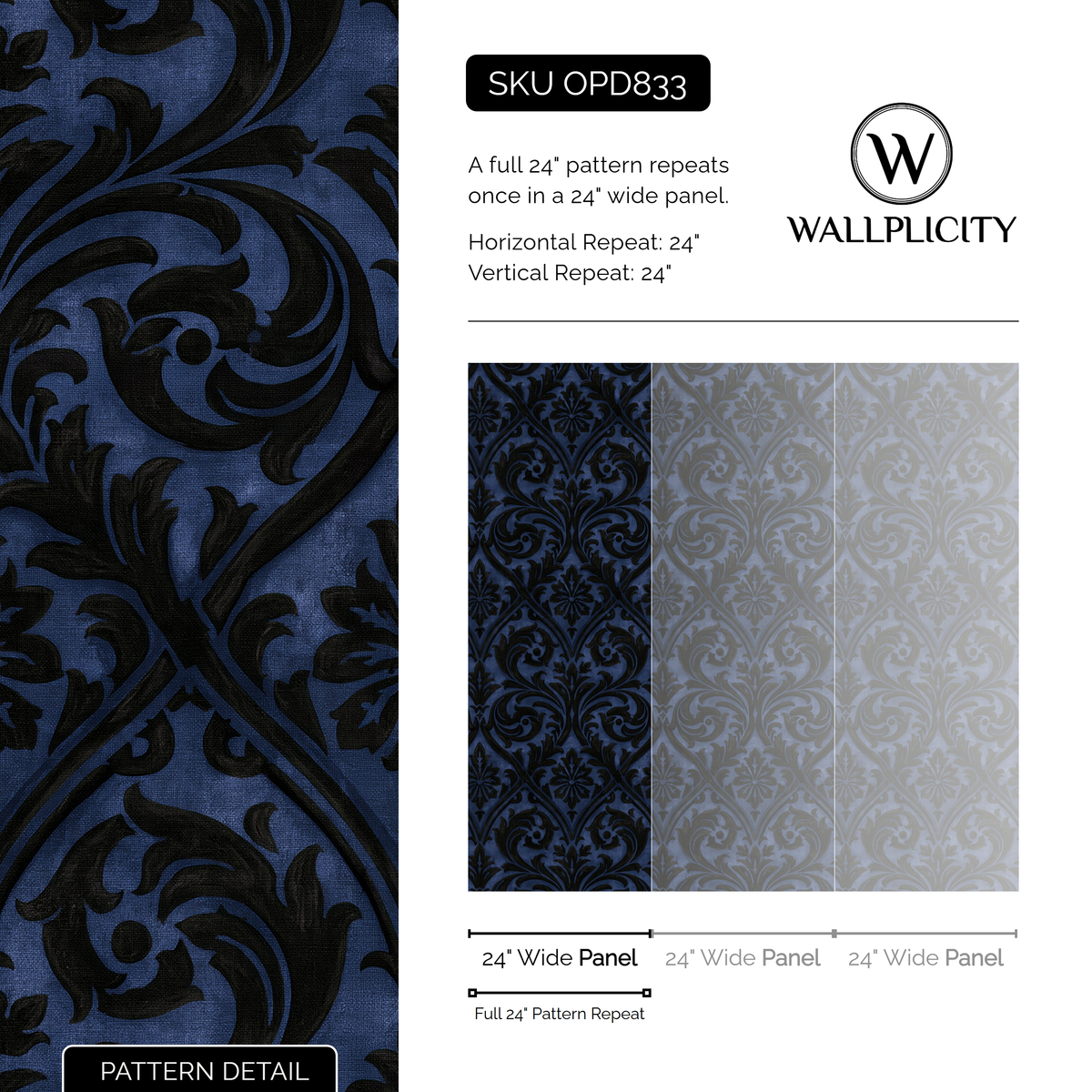 Indigo Silhouette wallpaper pattern detail and repeat size