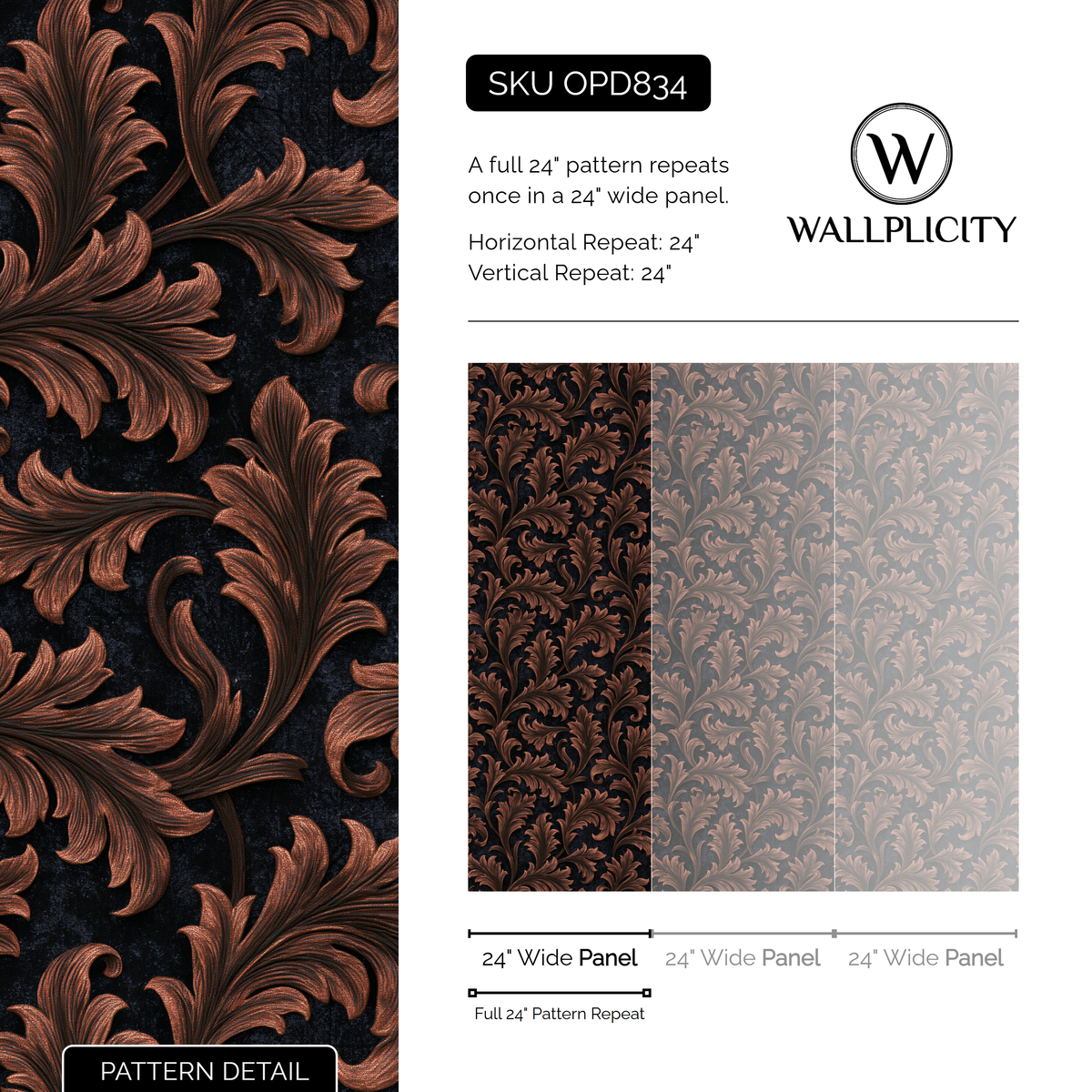 Copper Frond wallpaper pattern detail and repeat size