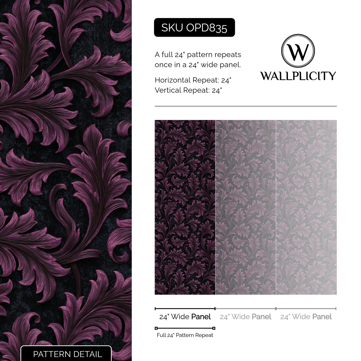 Plum Frond wallpaper pattern detail and repeat size