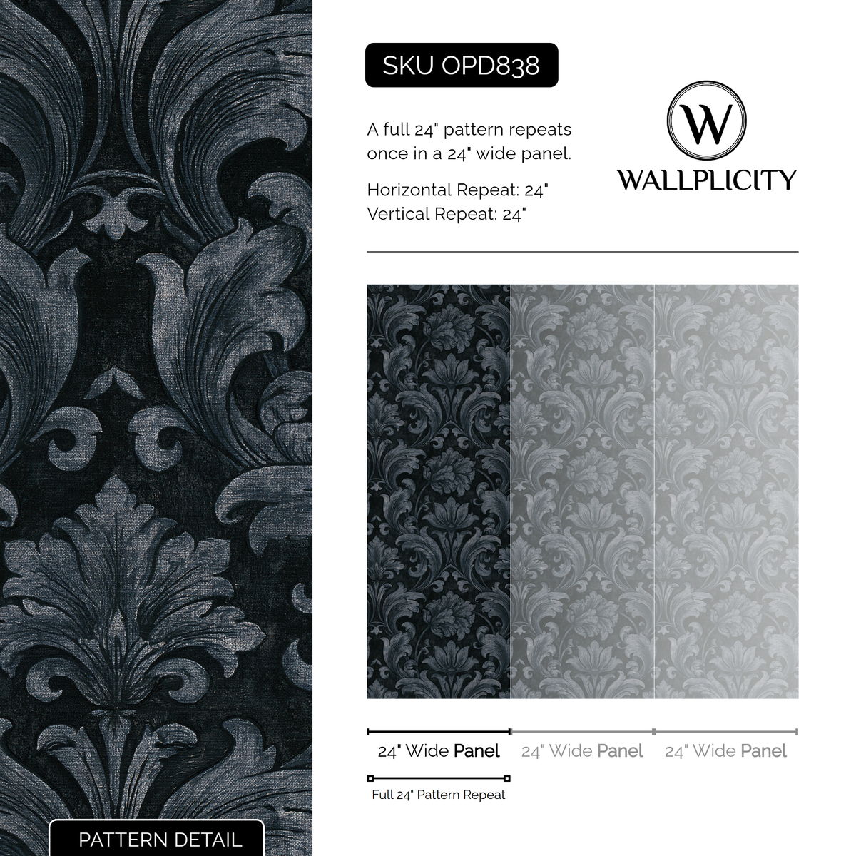 Slate Damask wallpaper pattern detail and repeat size
