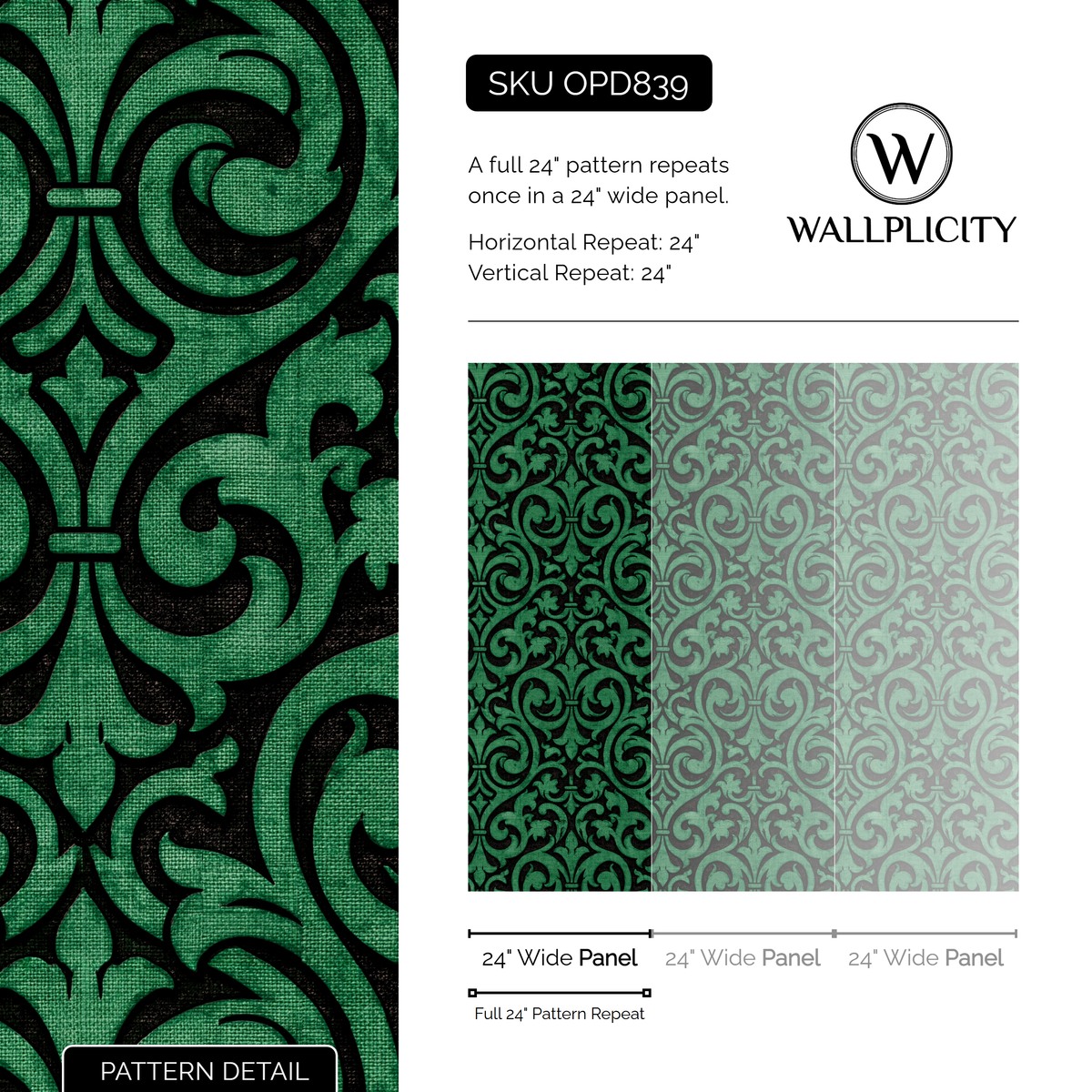 Emerald Fleur wallpaper pattern detail and repeat size