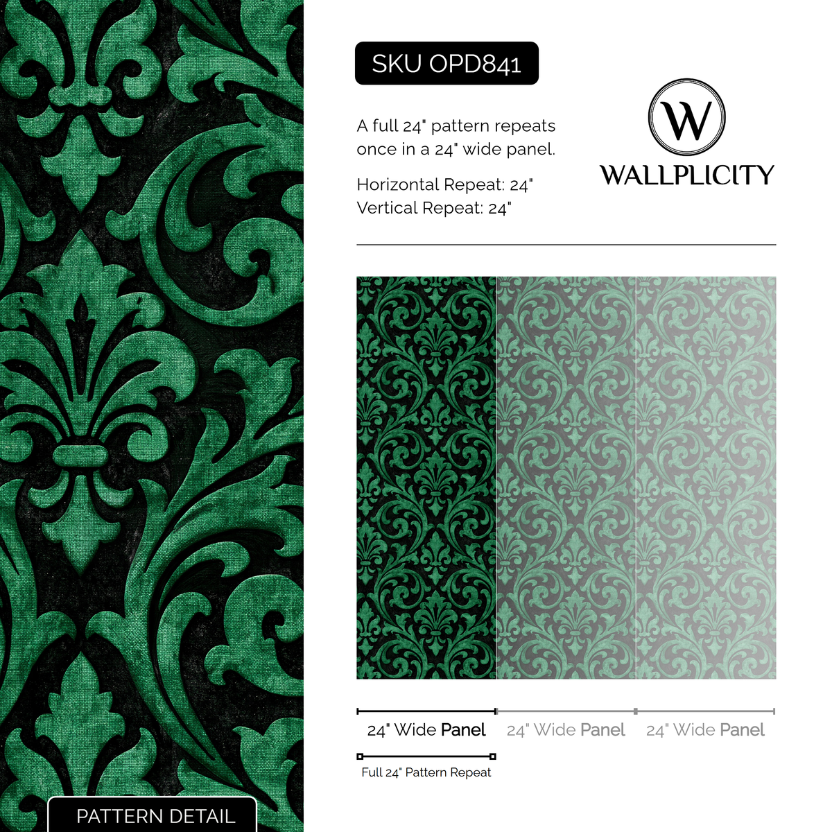 Jade Scrollwork wallpaper pattern detail and repeat size