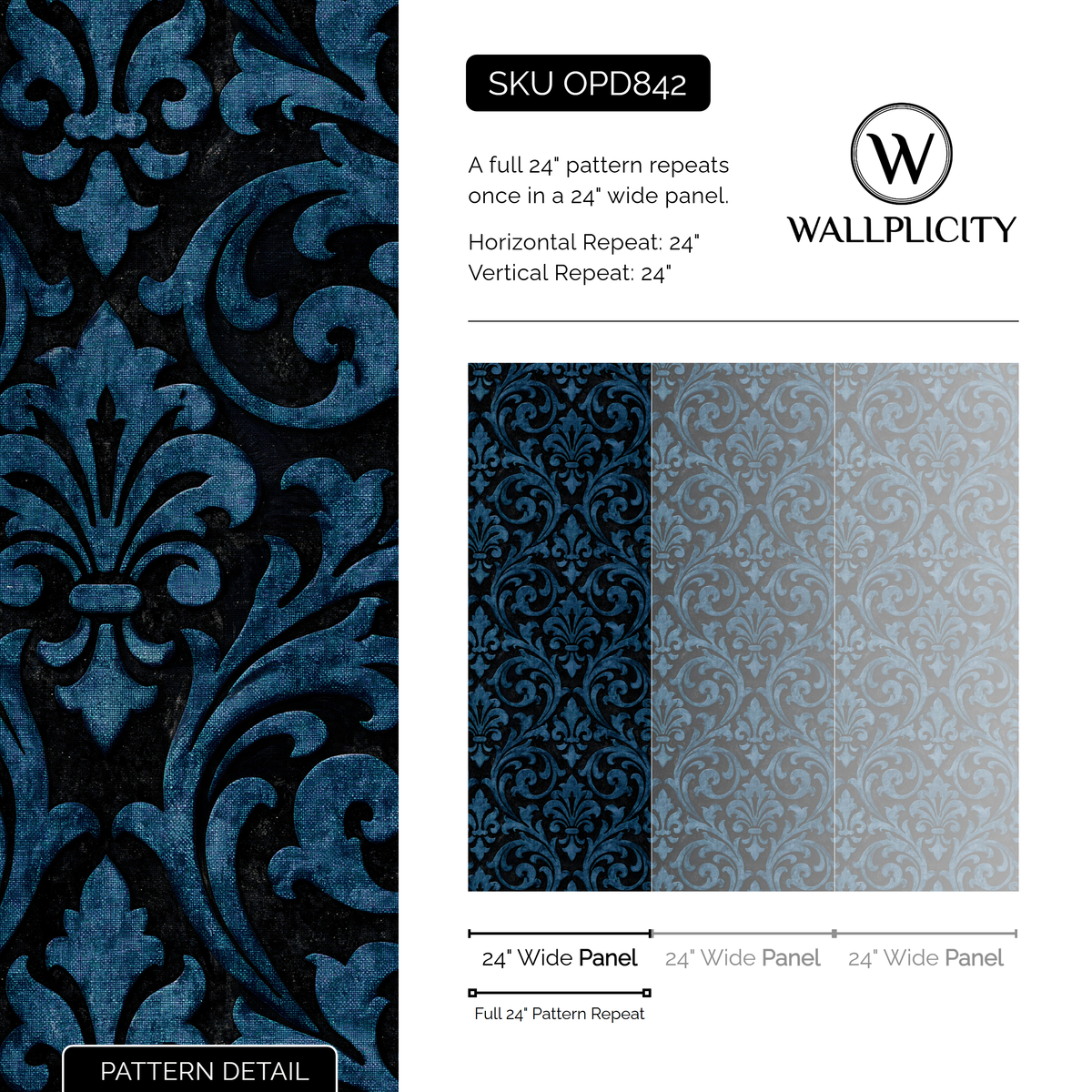 Cobalt Scrollwork wallpaper pattern detail and repeat size
