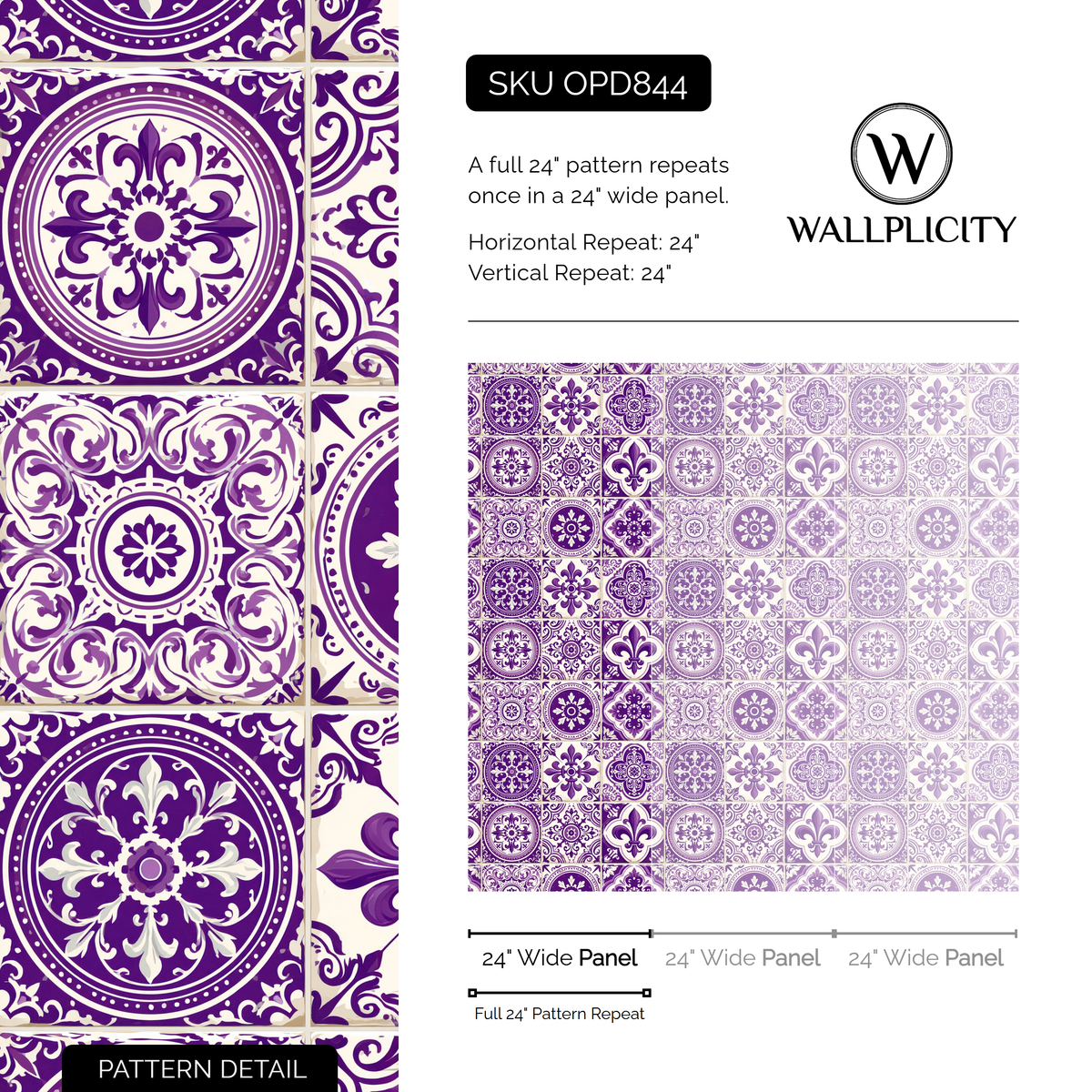 Lisbon Violet wallpaper pattern detail and repeat size