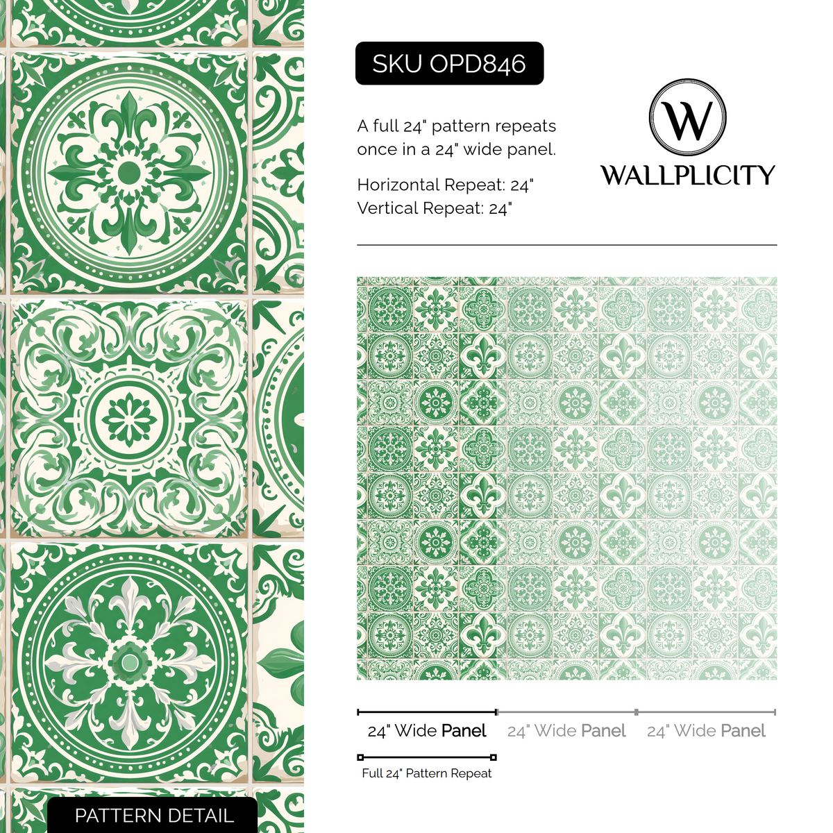 Lisbon Verde wallpaper pattern detail and repeat size