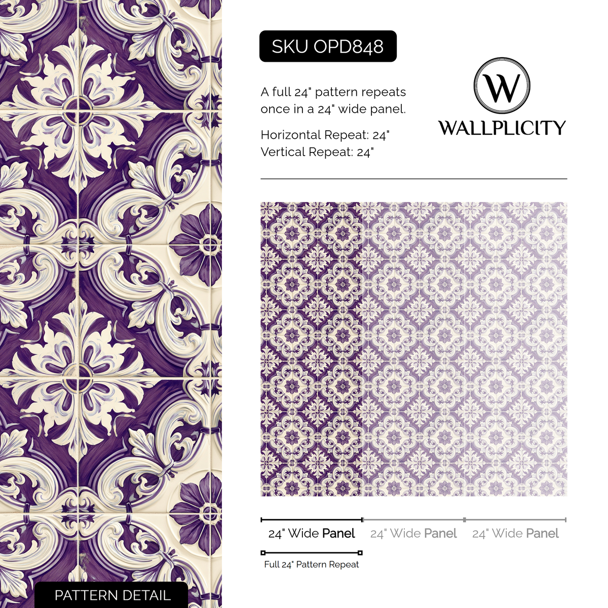 Porto Violet wallpaper pattern detail and repeat size