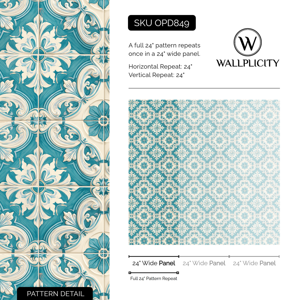 Porto Teal wallpaper pattern detail and repeat size