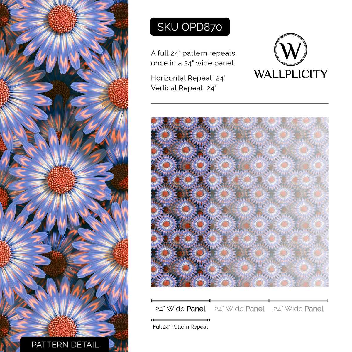 Periwinkle Daisy wallpaper pattern detail and repeat size