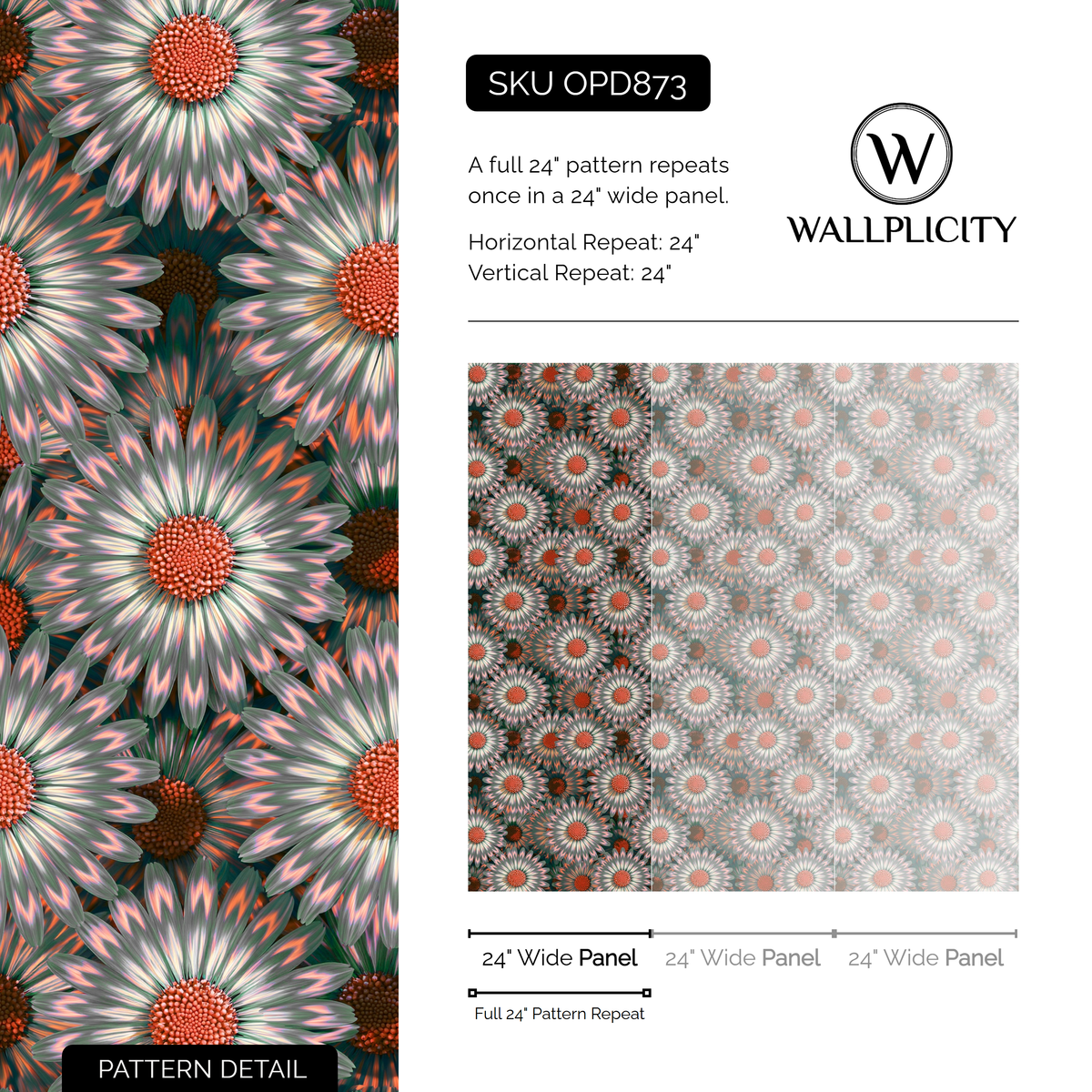 Sage Daisy wallpaper pattern detail and repeat size