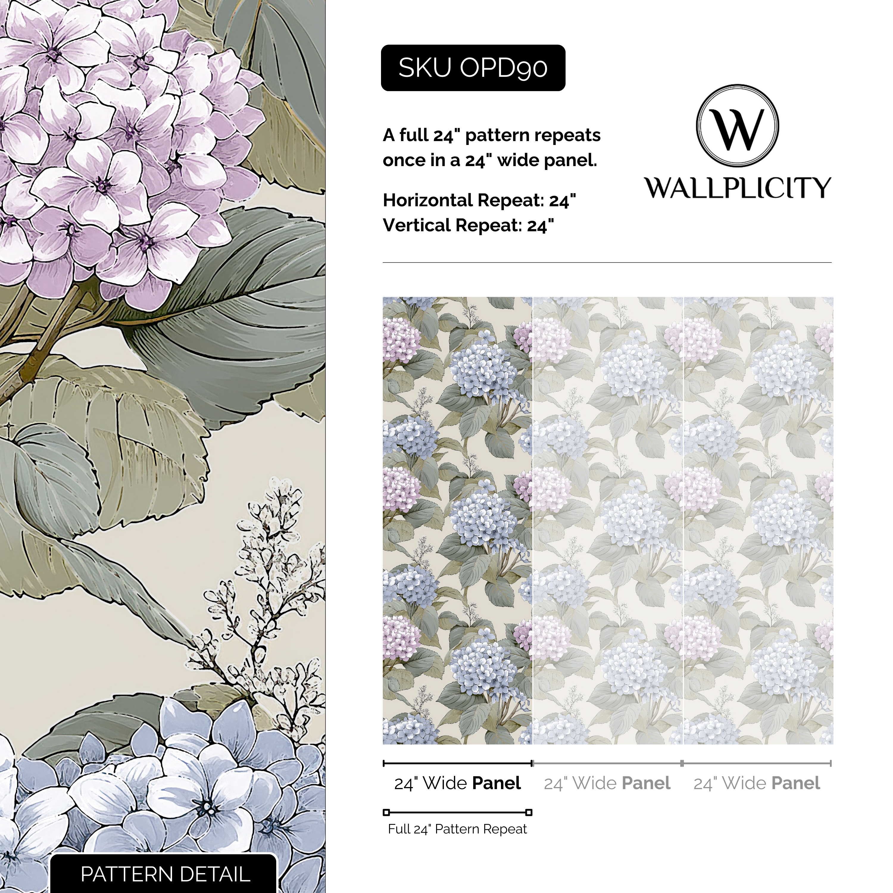 Hydrangea Lane wallpaper pattern detail and repeat size