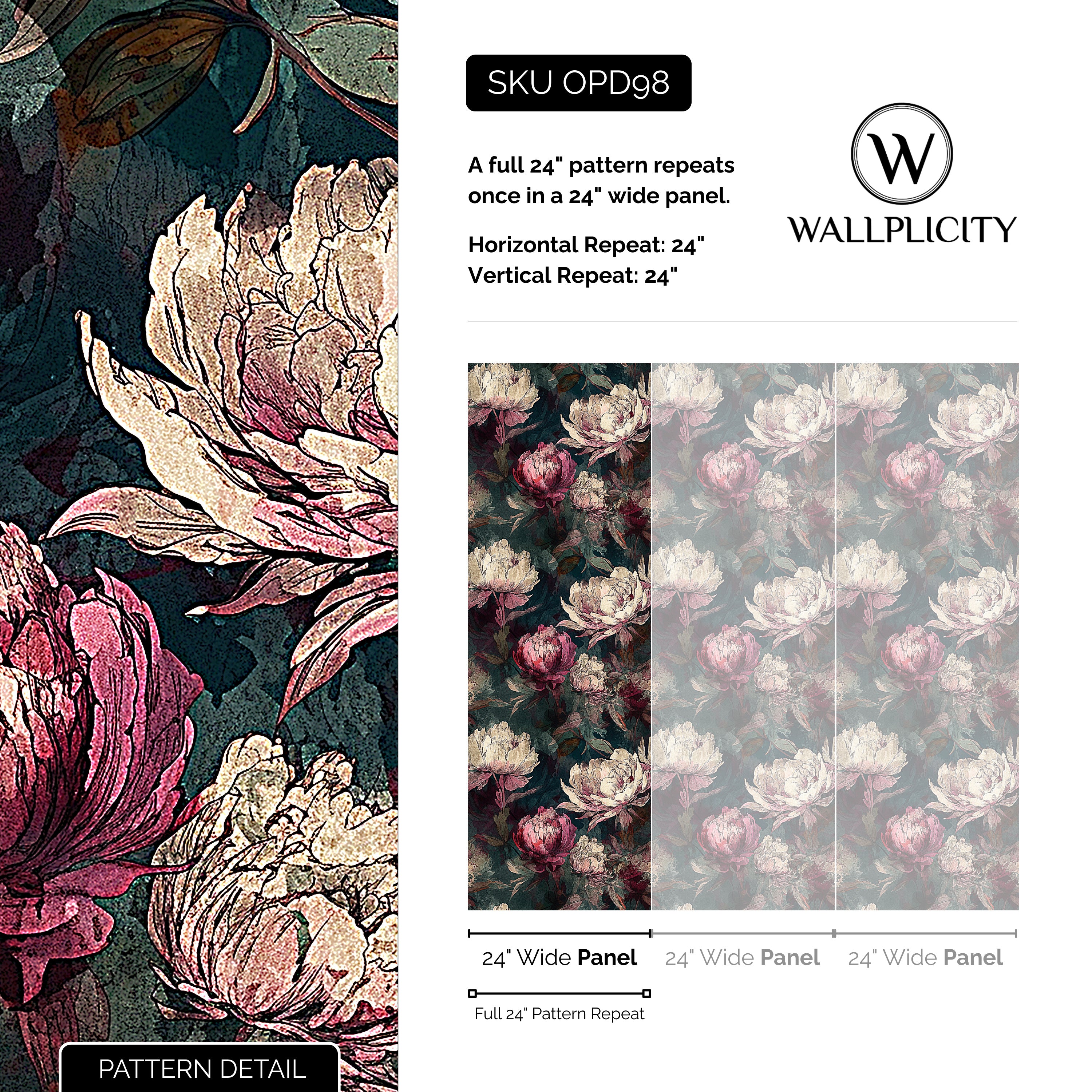Gothic Romance wallpaper pattern detail and repeat size