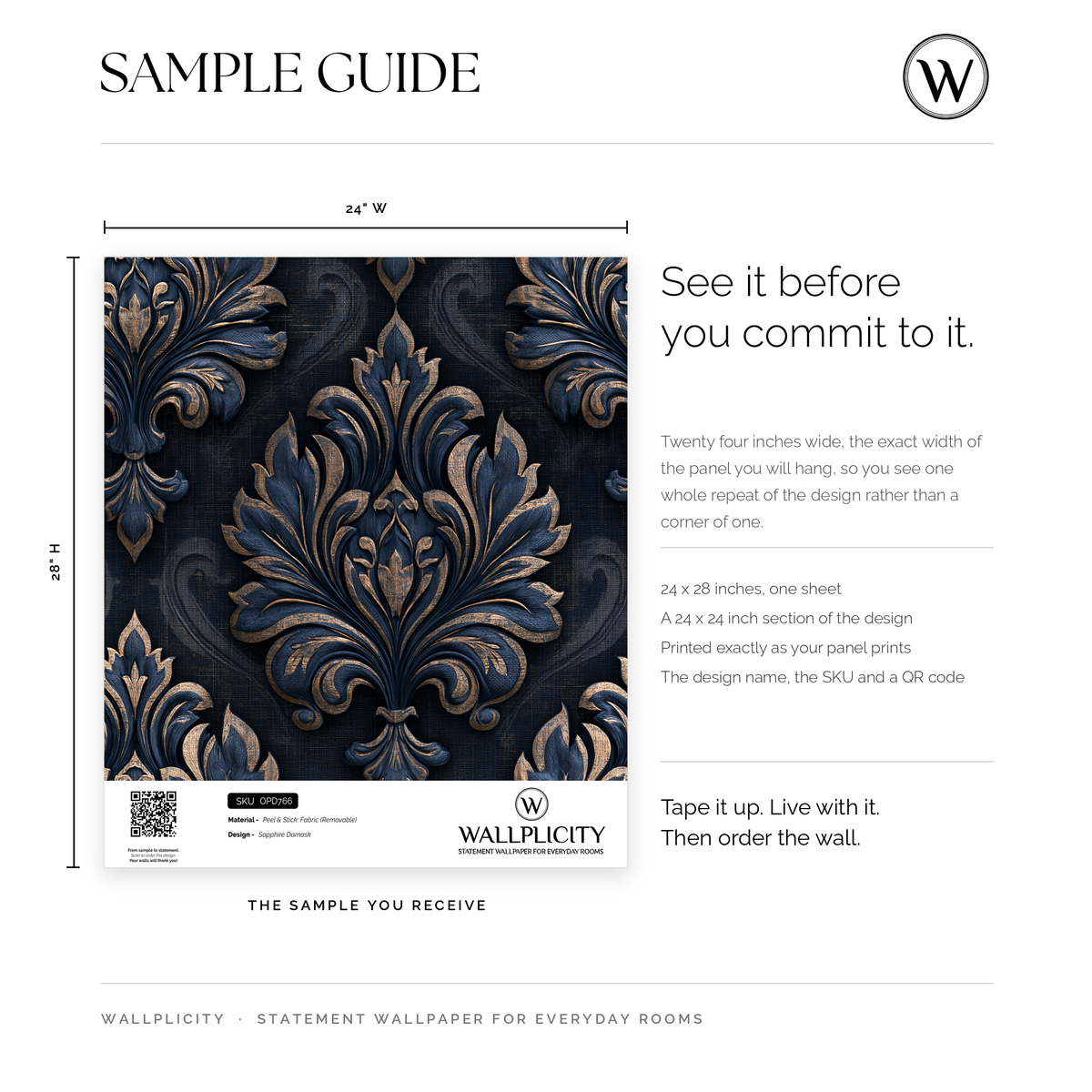 Sapphire Damask wallpaper sample guide