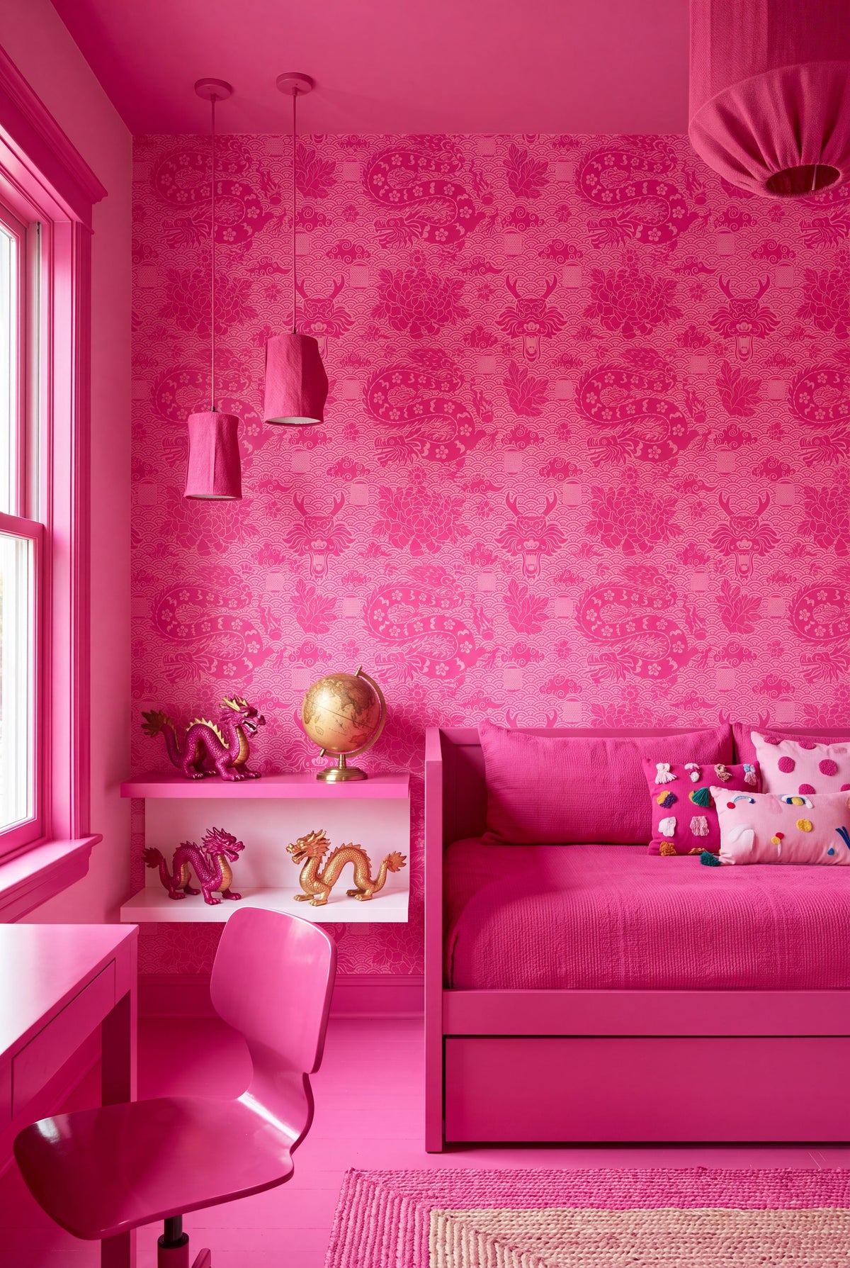 A vibrant pink children's bedroom featuring a daybed, matching desk and chair, pink patterned wallpaper, and decorative dragon figurines on a shelf.