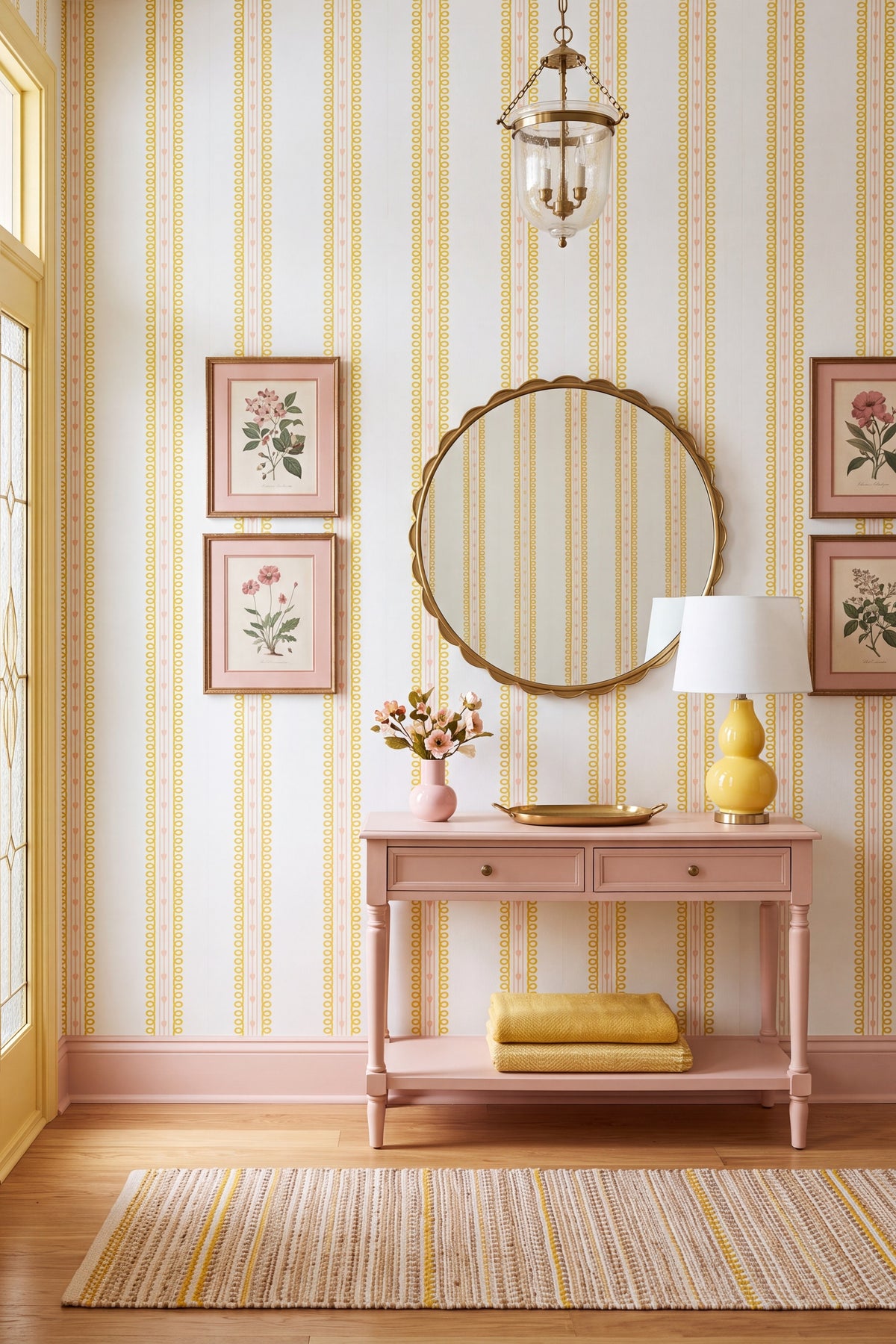 A styled interior entryway with cream wallpaper featuring vertical yellow stripes, a pink console table, a round gold-framed mirror, framed floral prints, a yellow table lamp, and a striped rug on a wood floor.