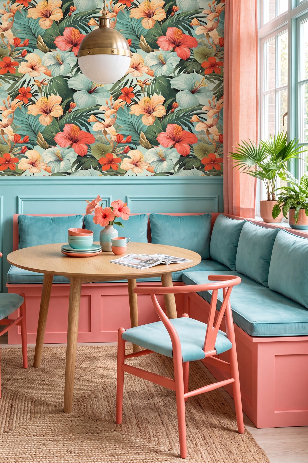 A cozy interior corner with a colorful floral wallpaper, teal velvet banquette seating, a round wooden table, and a coral-pink chair with a light blue seat cushion.